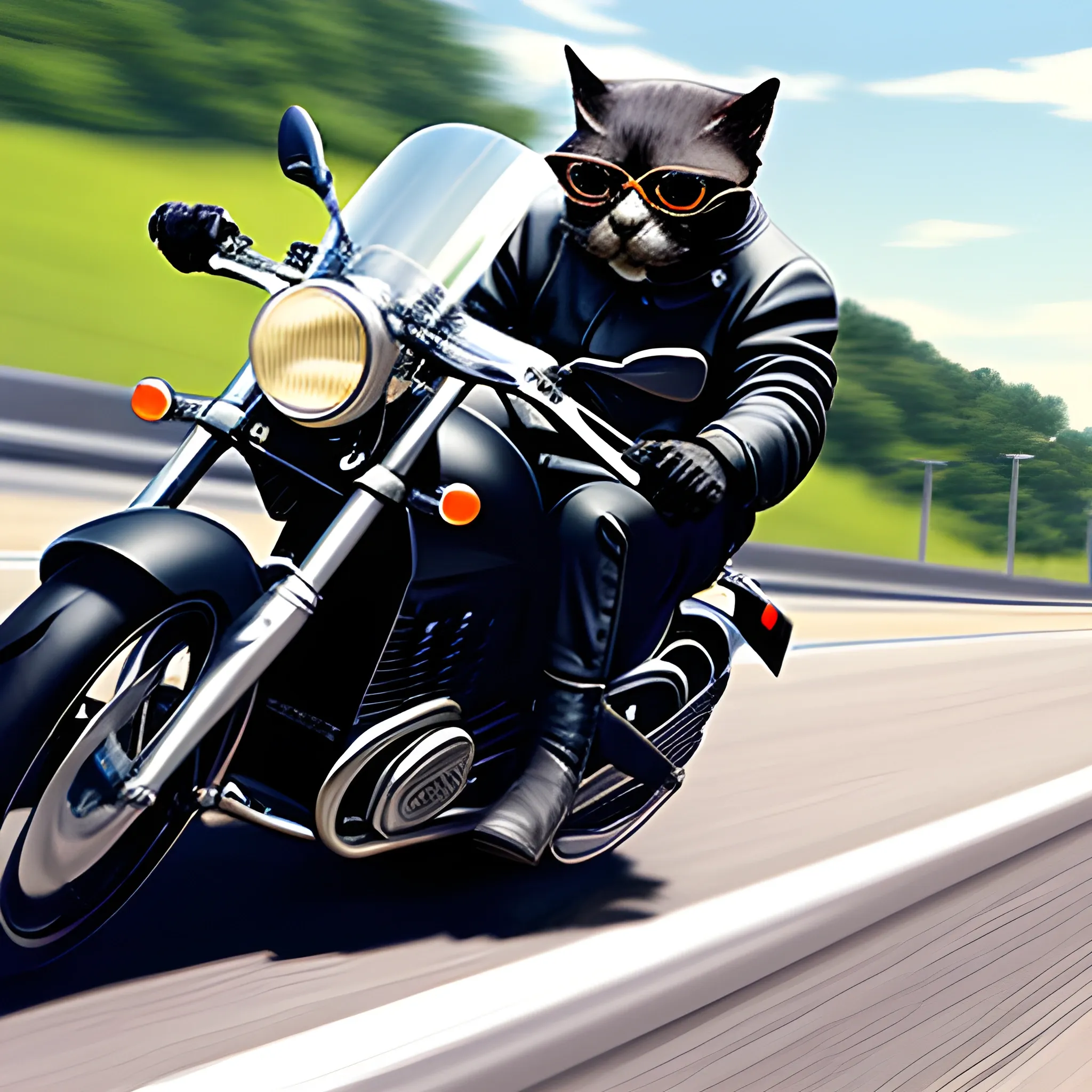 A cat leaning on the motorcycle with a helmet and goggles driving a motorcycle at high speed on a highway, Realistic mode. 