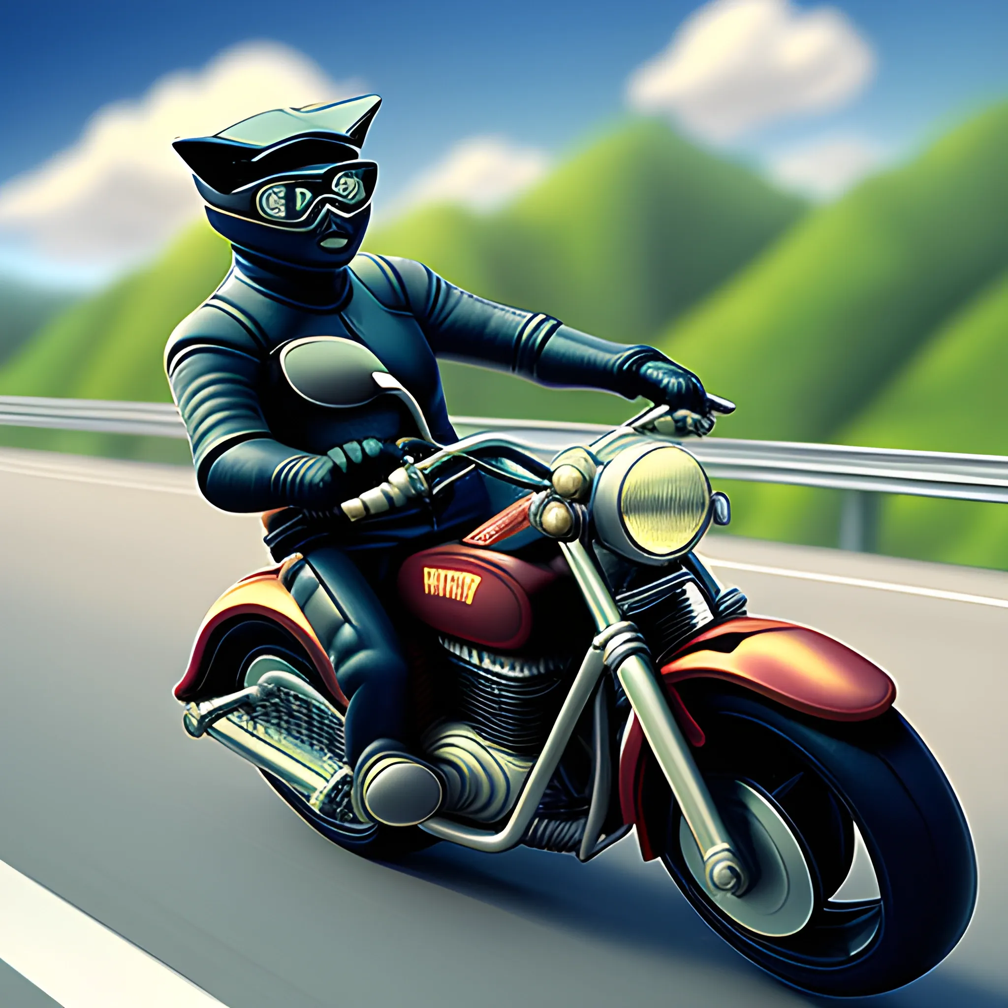 A cat leaning on the motorcycle with a helmet and goggles driving a motorcycle at high speed on a highway, Highly detailed,Realistic mode. 