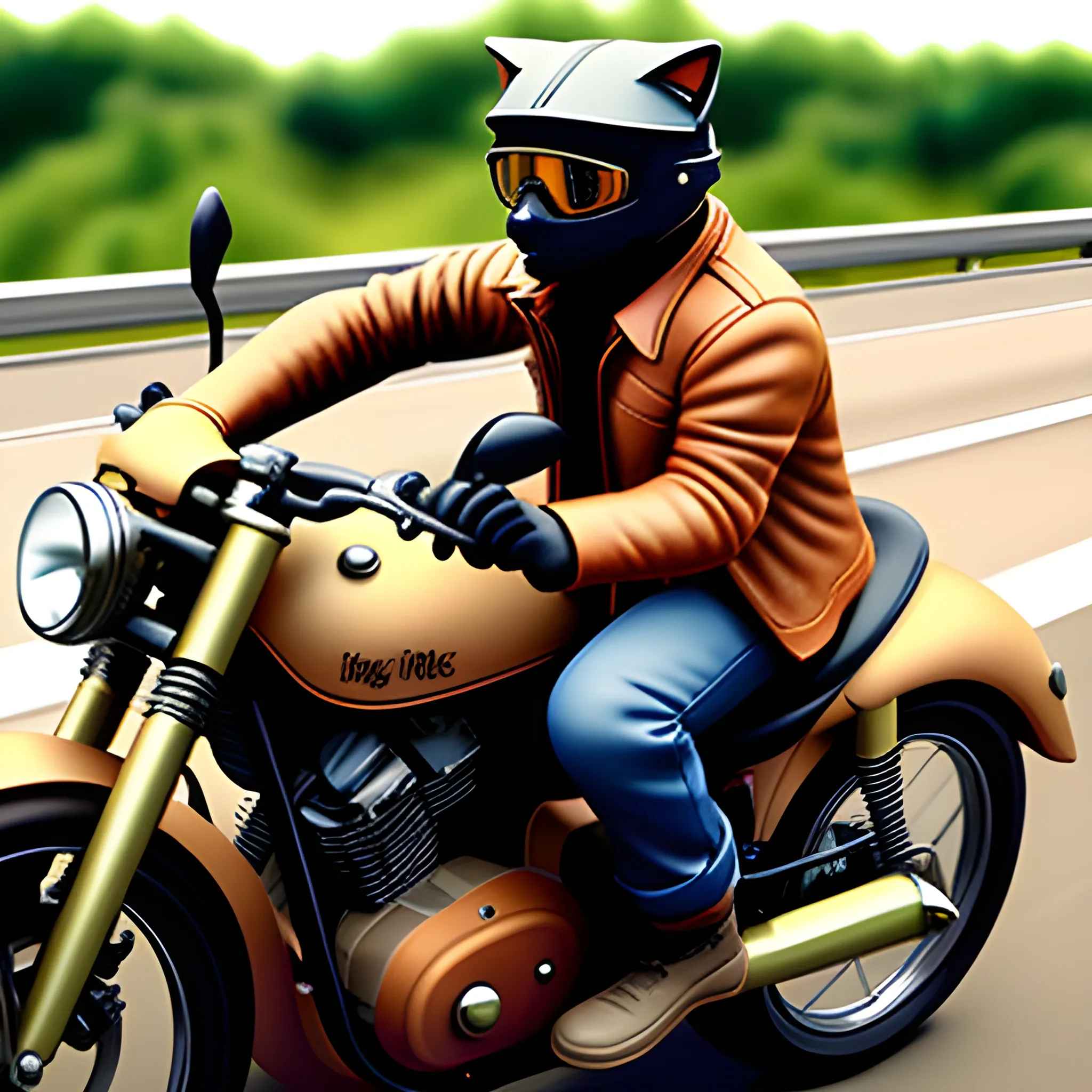 A cat leaning on the motorcycle, with a brown jacket, a helmet and goggles driving a motorcycle at high speed on a highway, Highly detailed,Realistic mode. 