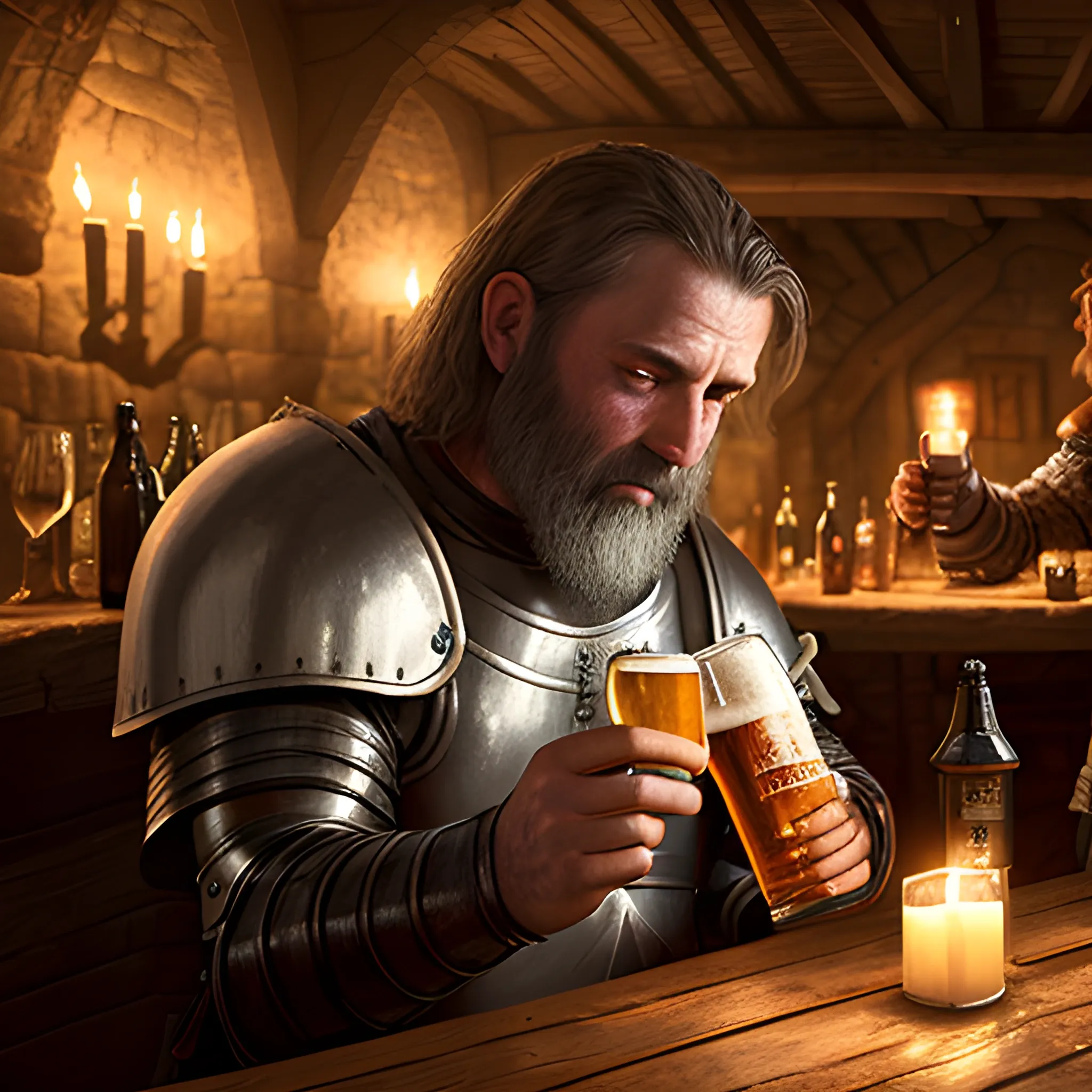 A male knight drinking beer in a medieval tavern with a dwarf, candle lights, rainy day. people in background, detailed, 8k. gothic style, dark fantasy world, low lights. hyperrealistic, Oil Painting, 3D