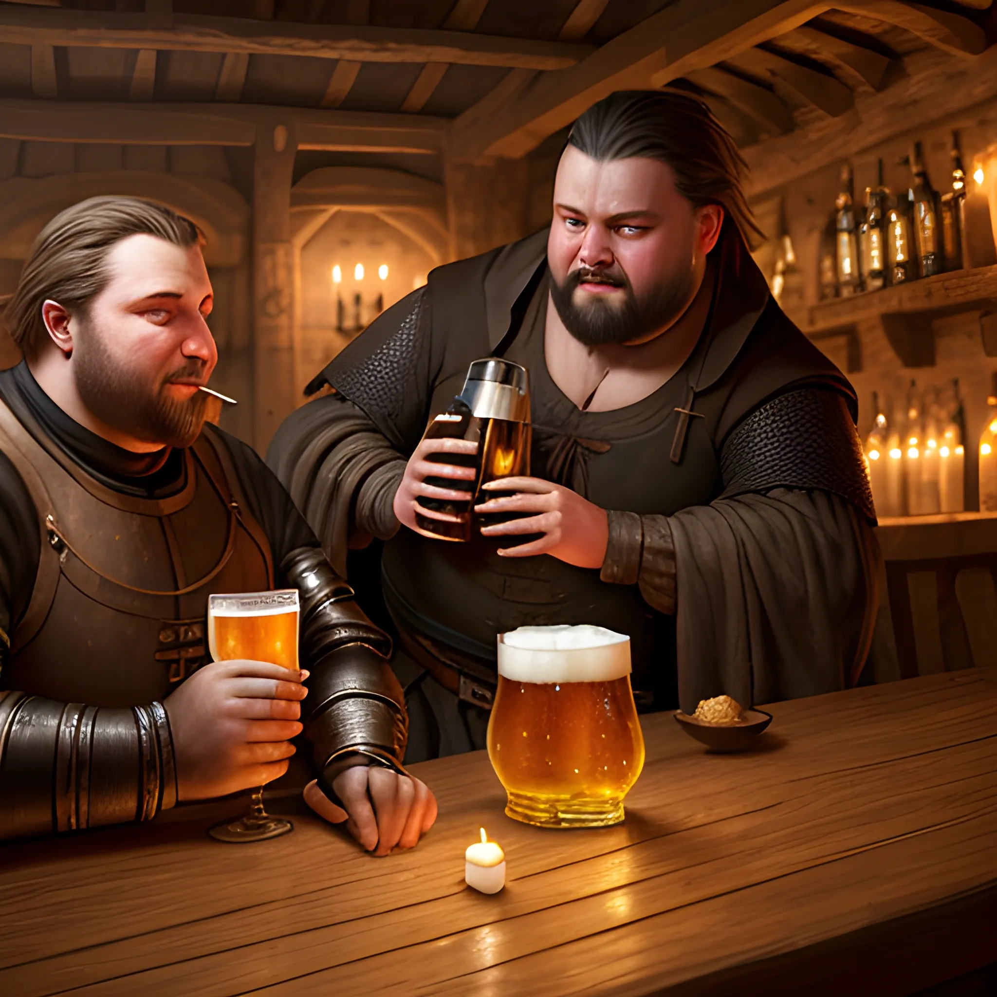 A male merchant drinking beer in a medieval tavern with a fat friend, candle lights, rainy day. people in background, detailed, 8k. gothic style, dark fantasy world, low lights. hyperrealistic, Oil Painting, 3D