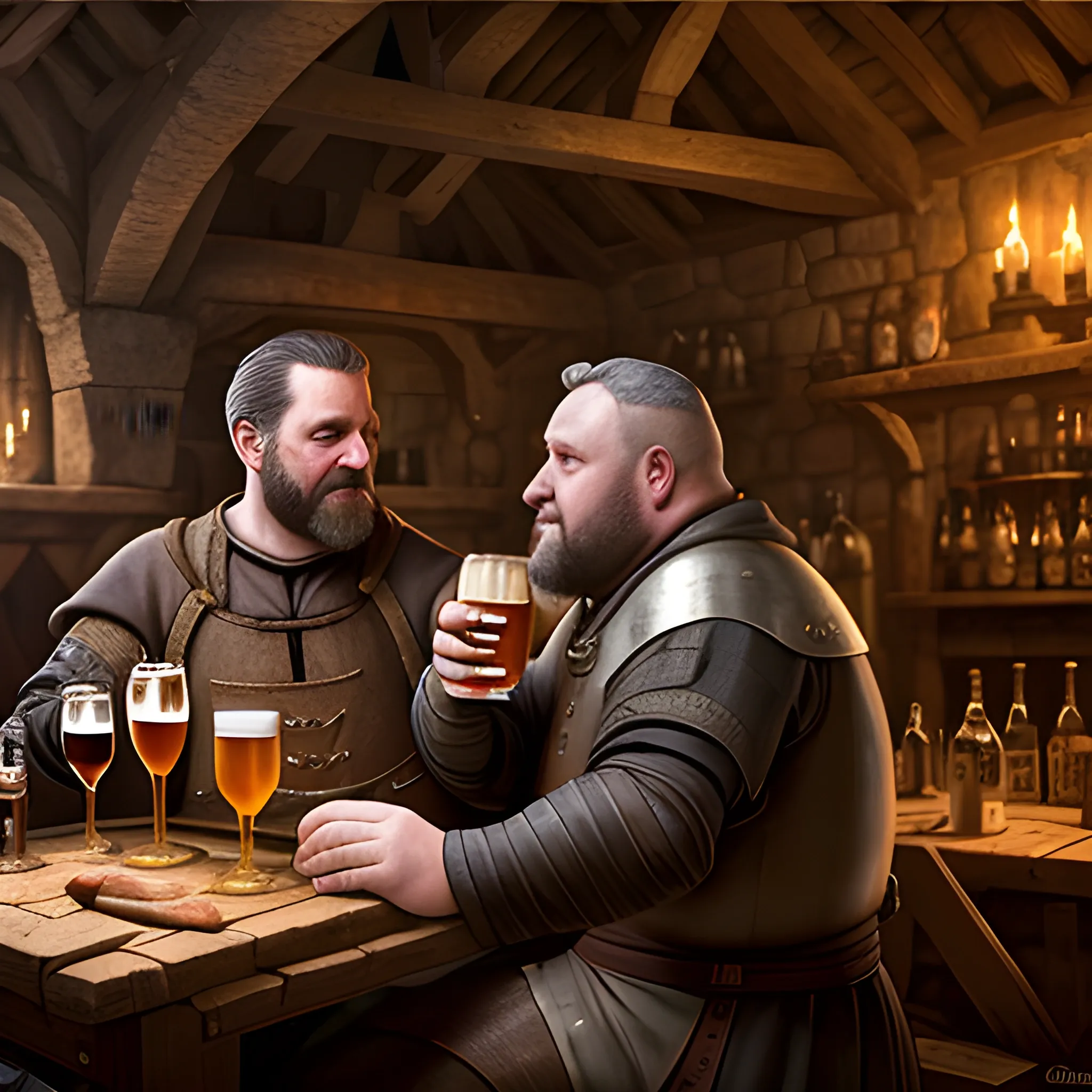 A fine male merchant drinking beer in a medieval tavern with a fat friend. people in background, detailed, 8k. gothic style, dark fantasy world, low lights. hyperrealistic, Oil Painting, 3D