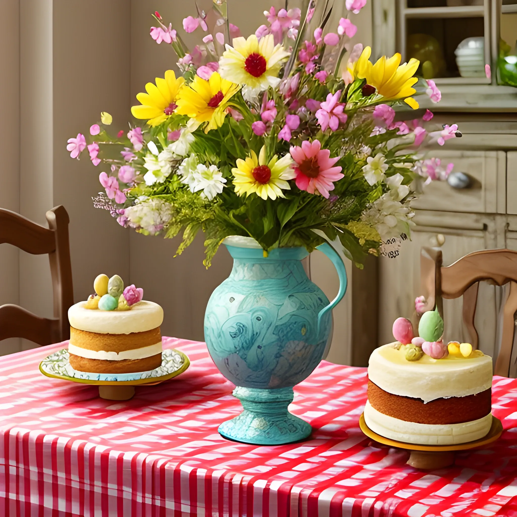 A vibrant and delightful scene captures the essence of Easter as a beautifully crafted cake takes centerstage on a red tablecloth underlying a rustic wooden table. Dainty spring blooms bursting forth from a tall vase add pops of color and life, exuding an air of delightful freshness and mirth. The sweet aroma of vanilla and sugar tickles the senses, inviting all to indulge in a delectable feast worthy