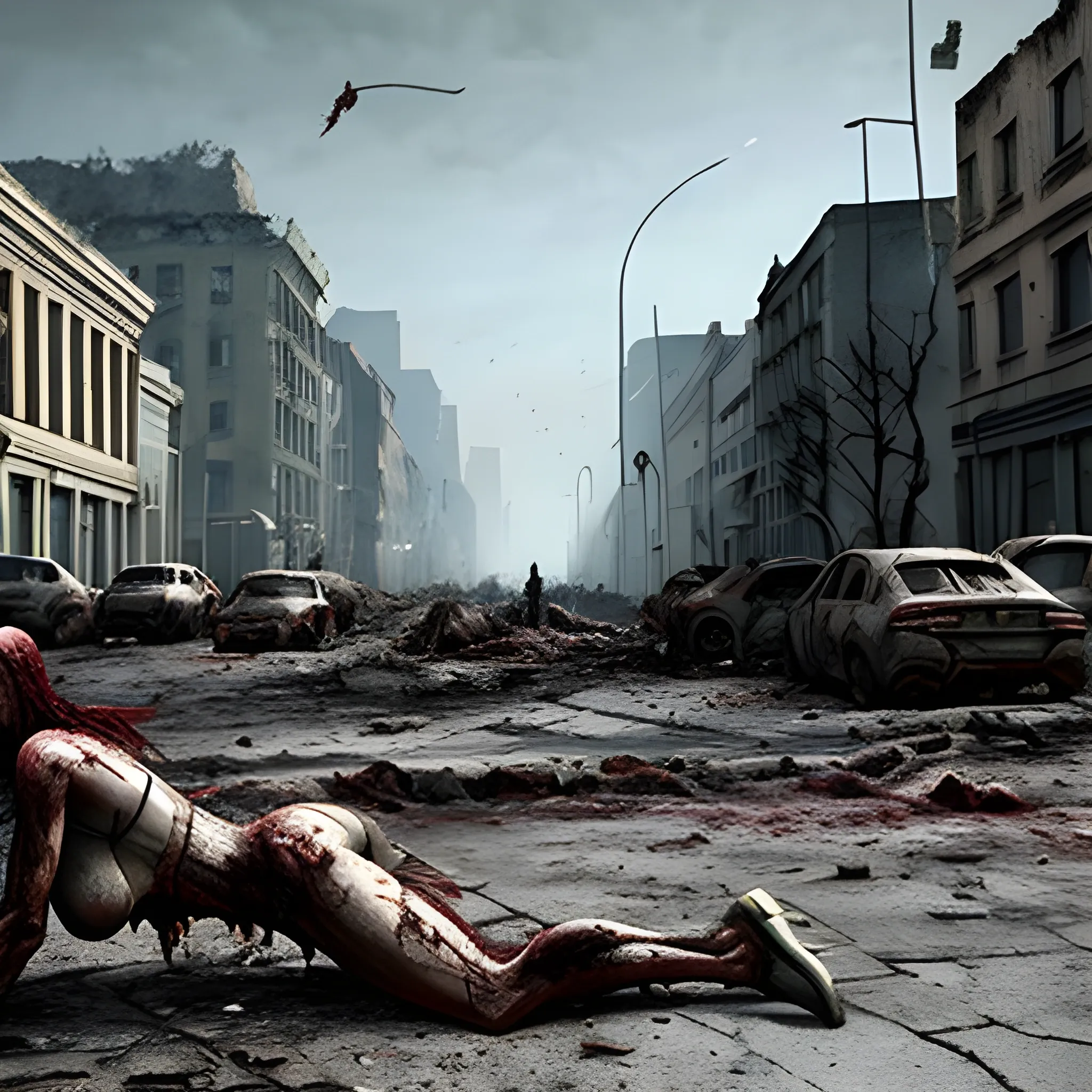 A street in a ruined city, zombies wandering aimlessly, a young woman's body lying on the ground with wounds sustained from zombie bites