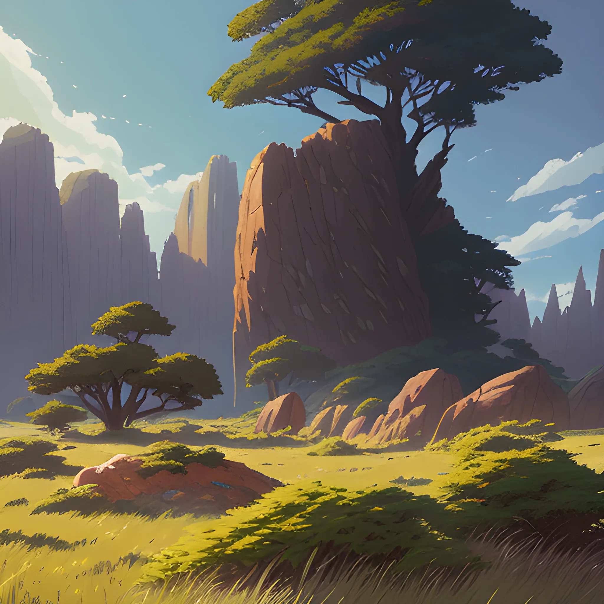 a bush with giants rocks, grasses... in the style of makoto shinkai and greg rutkowski and albert bierstadt and james gurney