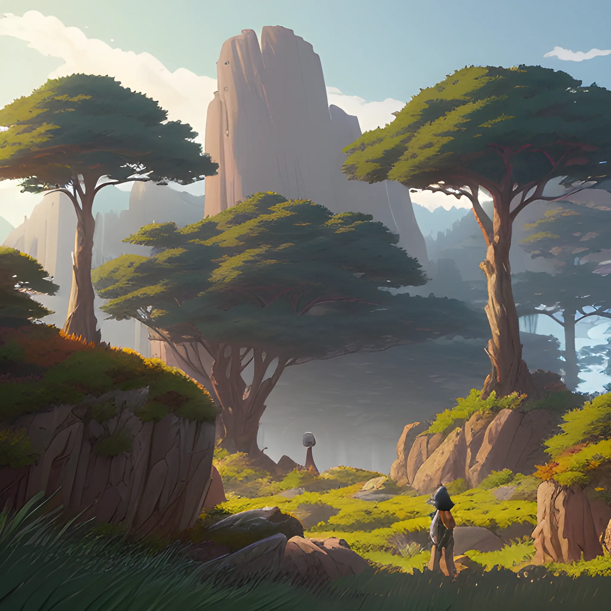 a bush with giants rocks, grasses... in the style of makoto shinkai and greg rutkowski and albert bierstadt and james gurney