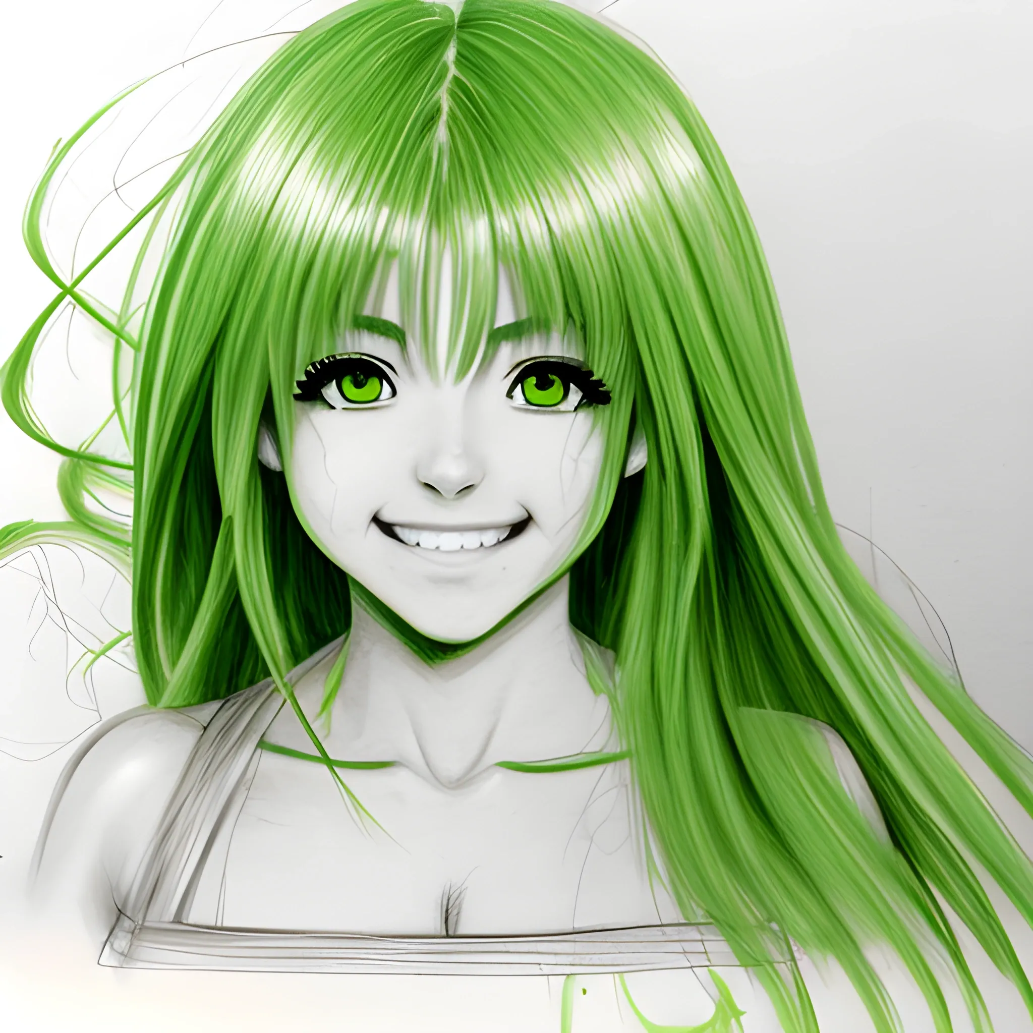 chica anime de ojos verdes, cabello castaño y una sonrisa, Pencil Sketch