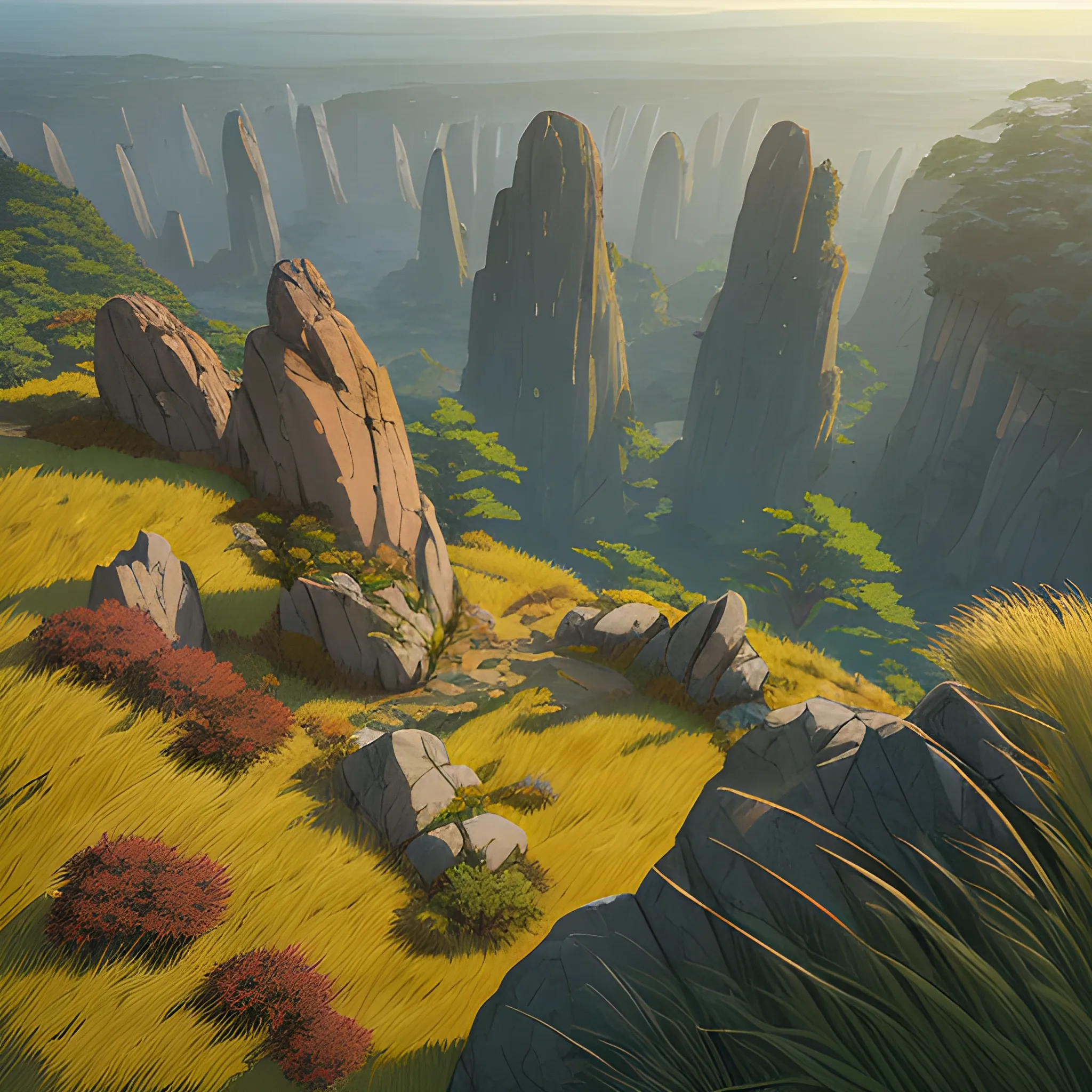 a top view of a giants rocks, grasses... in the style of makoto shinkai and greg rutkowski and albert bierstadt and james gurney