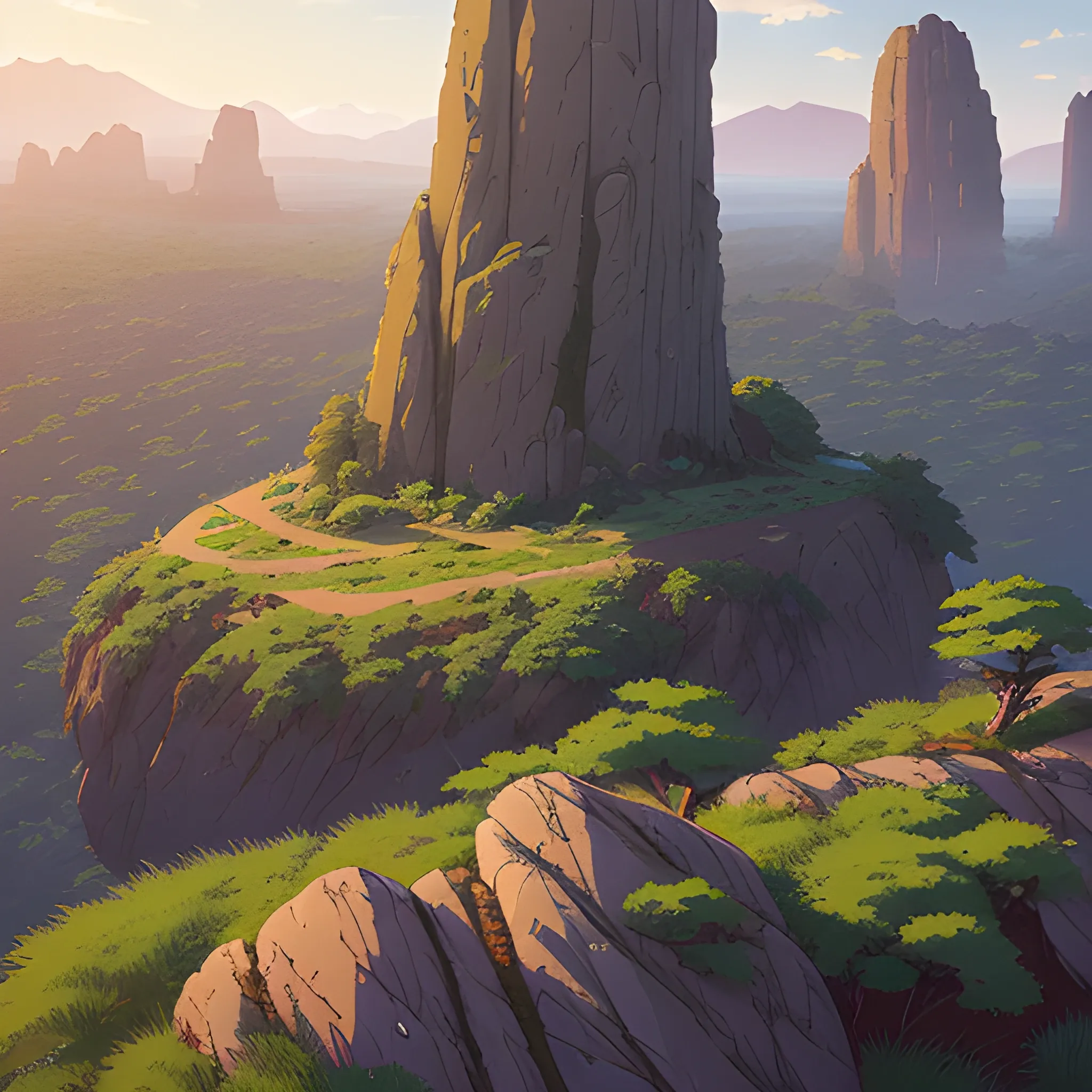 a top view of a giants rocks, grasses... in the style of makoto shinkai and greg rutkowski and albert bierstadt and james gurney