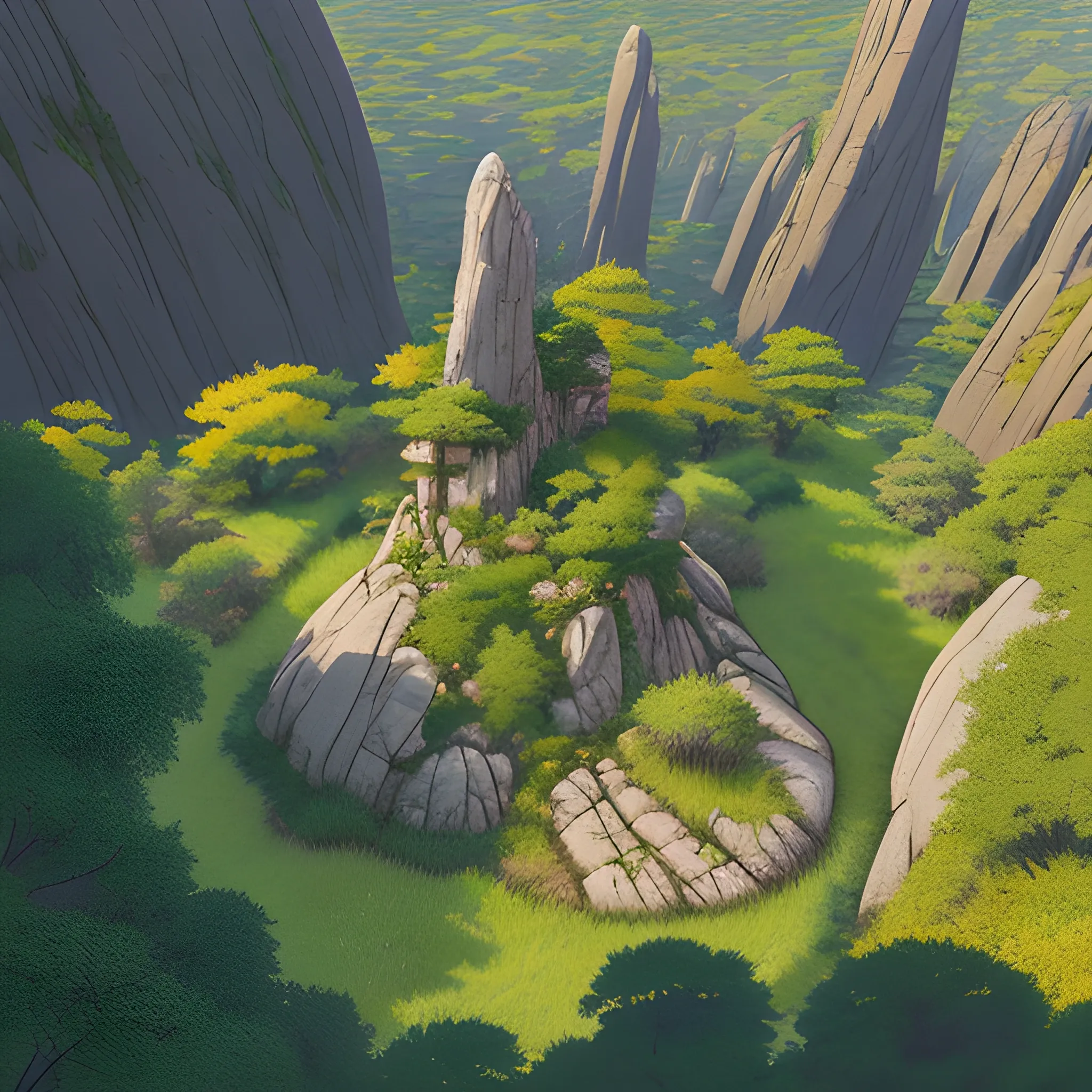 a top view of a giants rocks, grasses... in the style of makoto shinkai and greg rutkowski and albert bierstadt and james gurney