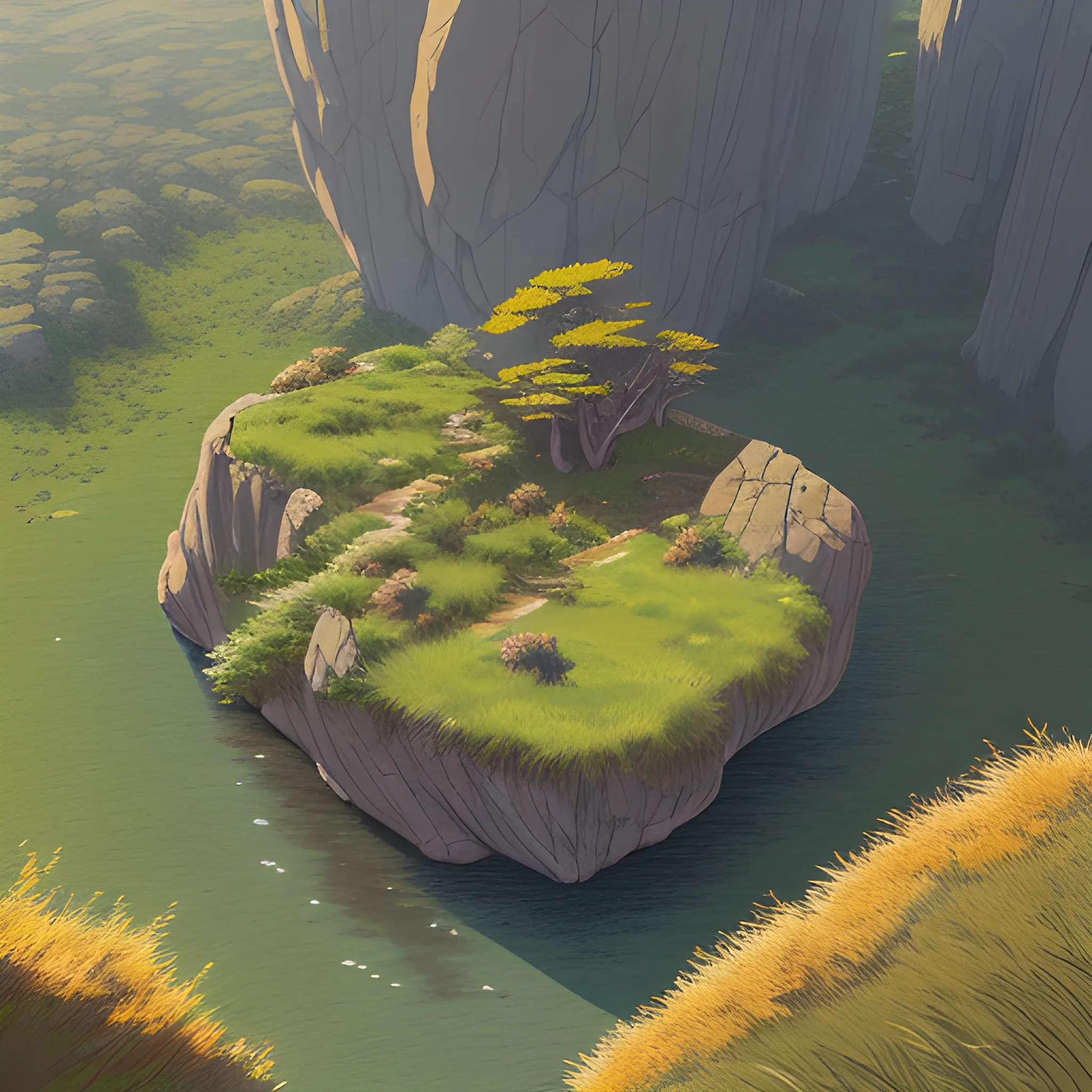 a top view of a giants rocks, grasses... in the style of makoto shinkai and greg rutkowski and albert bierstadt and james gurney