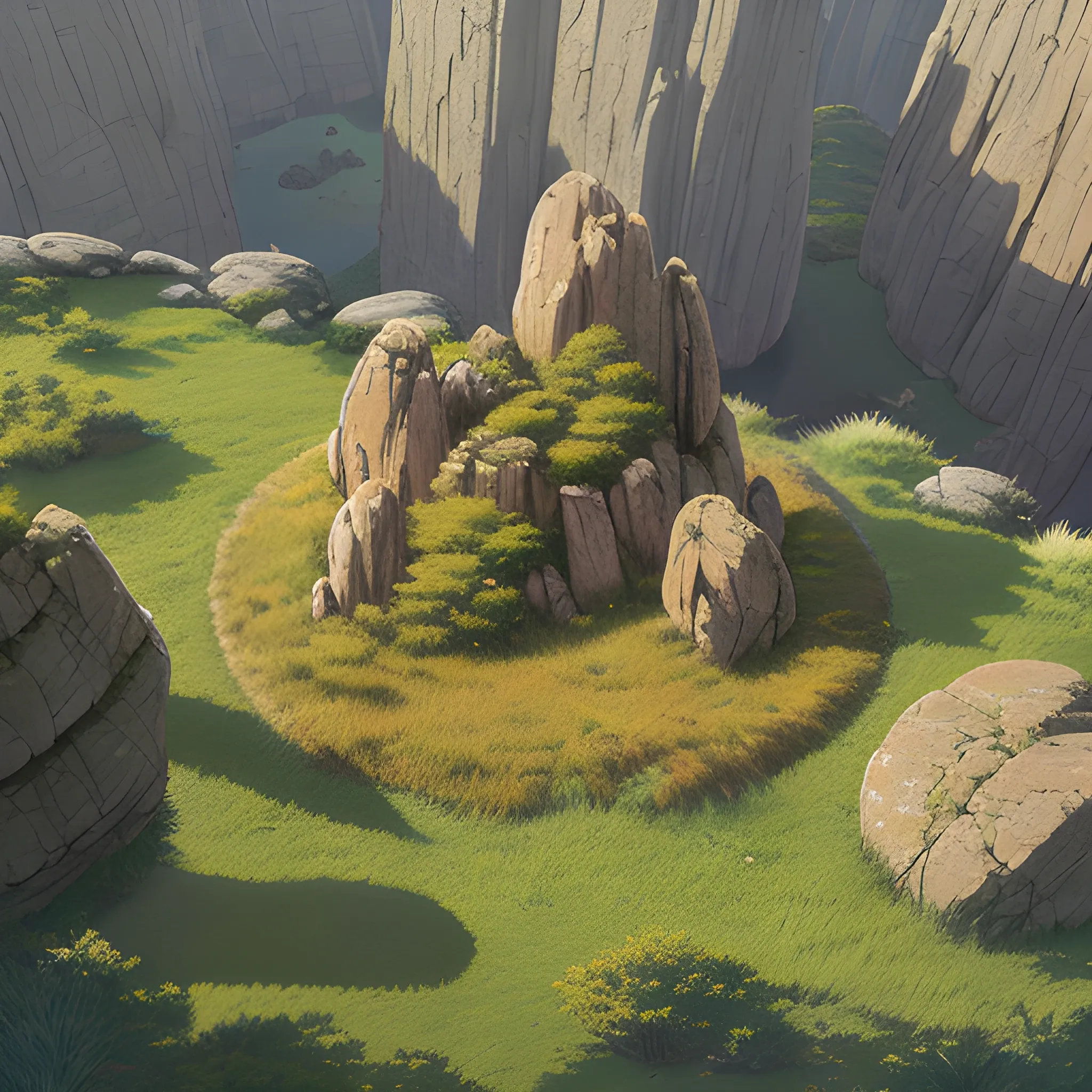 a top view of a giants rocks, grasses... in the style of makoto shinkai and greg rutkowski and albert bierstadt and james gurney