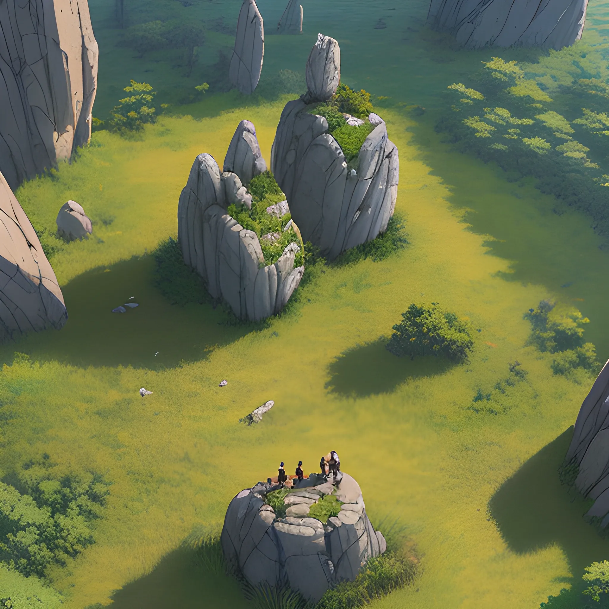 a top view of a giants rocks, grasses... in the style of makoto shinkai and greg rutkowski and albert bierstadt and james gurney