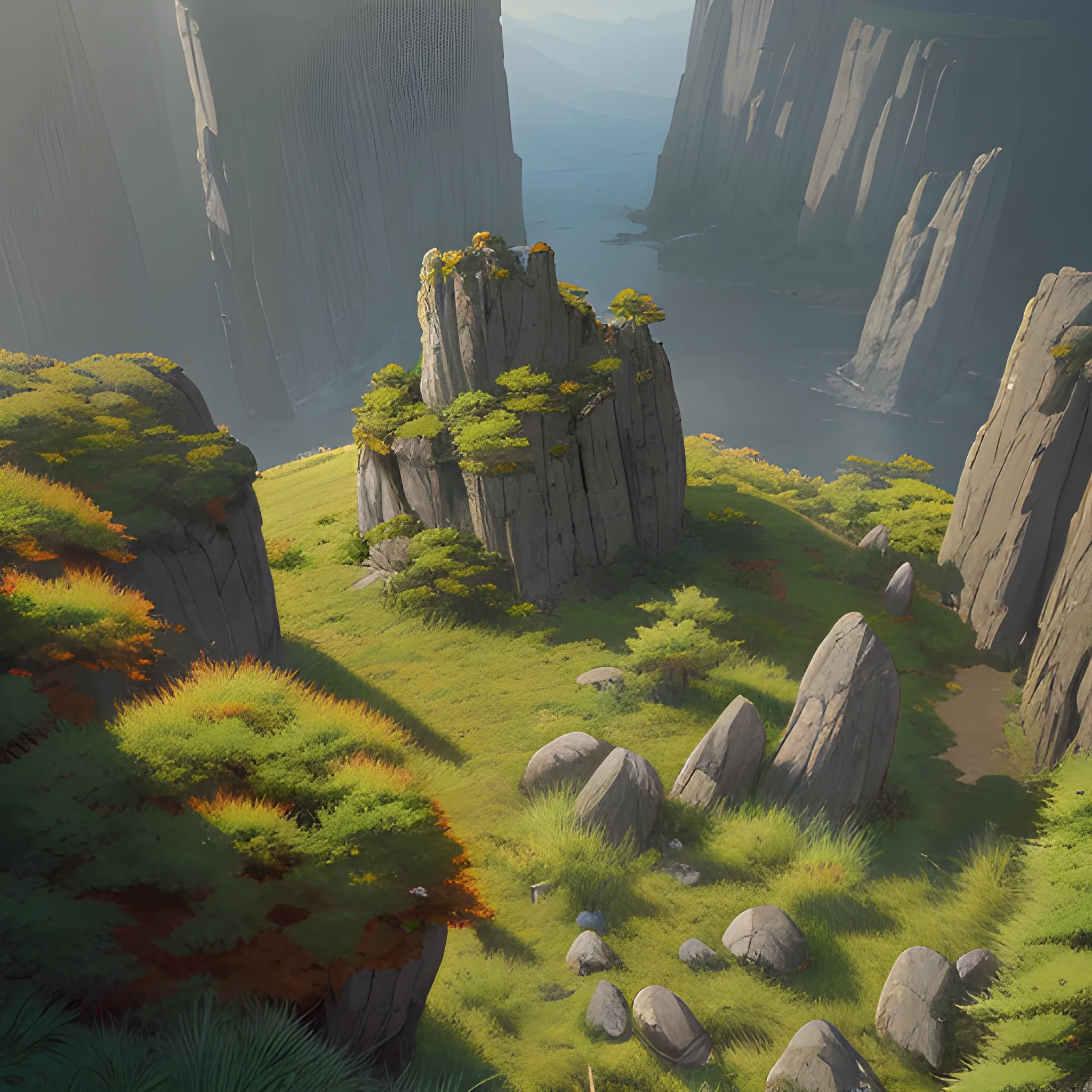 a top view of a giants rocks, grasses... in the style of makoto shinkai and greg rutkowski and albert bierstadt and james gurney