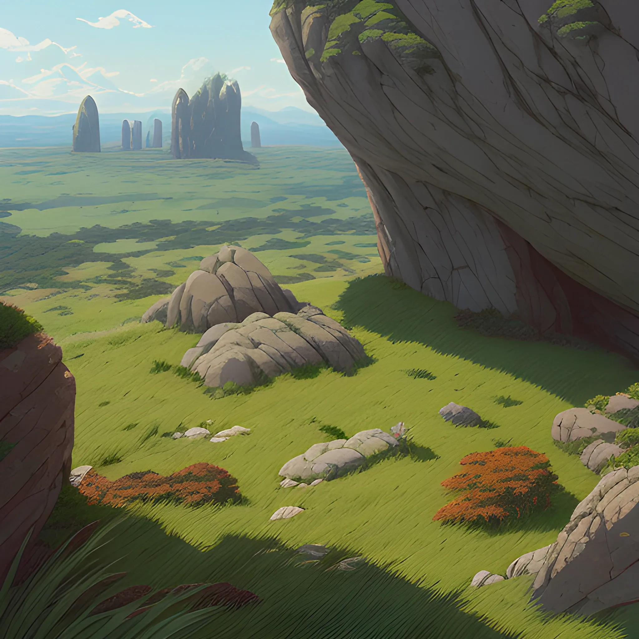 a top view of a giants rocks, grasses... in the style of makoto shinkai and greg rutkowski and albert bierstadt and james gurney