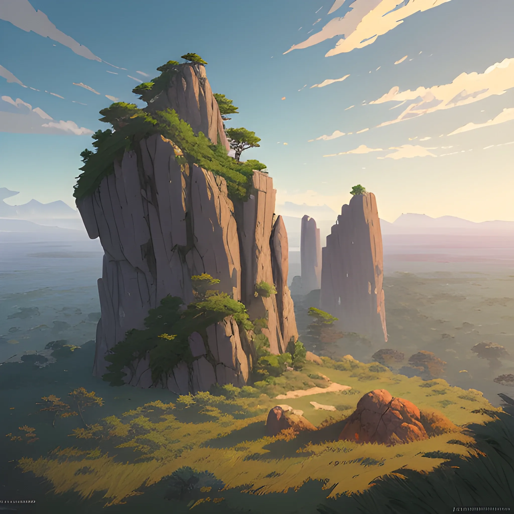 a top view of a giants rocks, grasses... in the style of makoto shinkai and greg rutkowski and albert bierstadt and james gurney