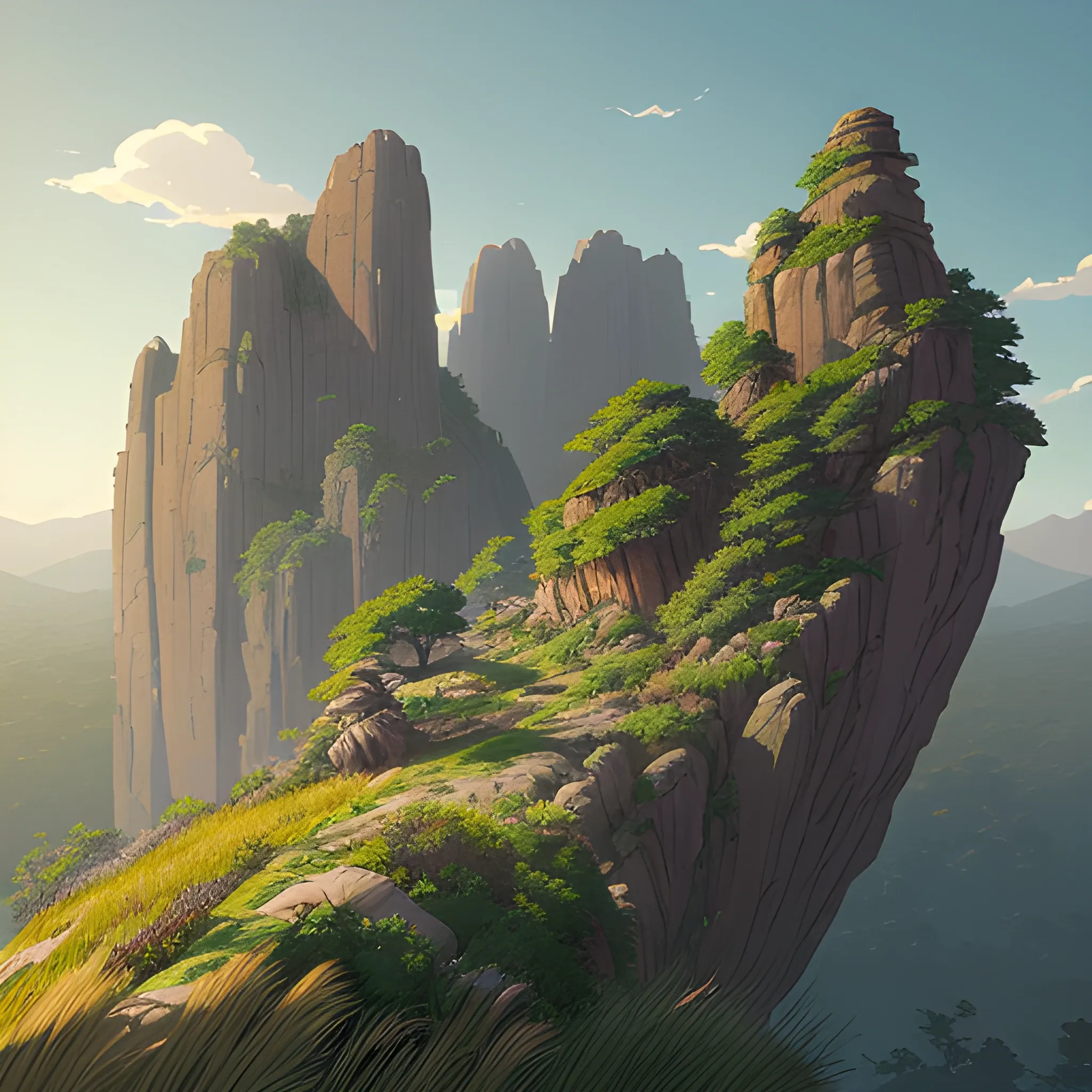 a top view of a giants rocks, grasses... in the style of makoto shinkai and greg rutkowski and albert bierstadt and james gurney