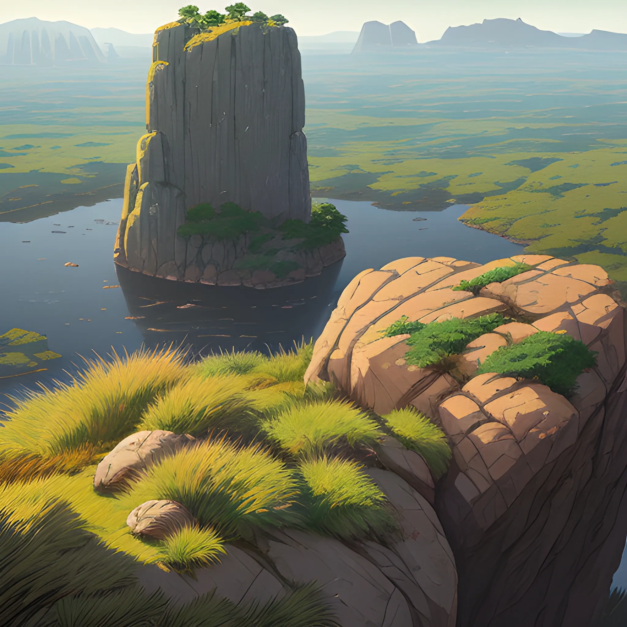 a top view of a giants rocks, grasses... in the style of makoto shinkai and greg rutkowski and albert bierstadt and james gurney