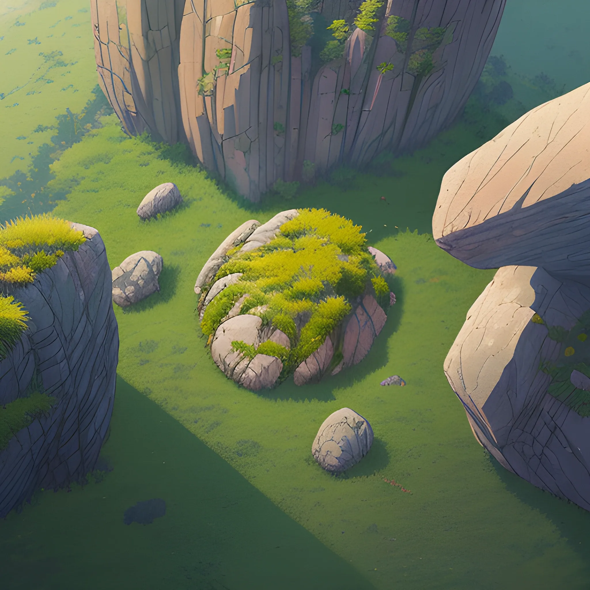 a top view of a giants rocks, grasses... in the style of makoto shinkai and greg rutkowski and albert bierstadt and james gurney