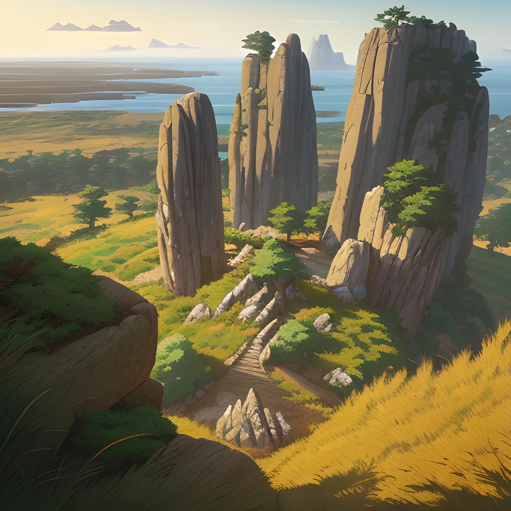 a top view of a giants rocks, grasses... in the style of makoto shinkai and greg rutkowski and albert bierstadt and james gurney