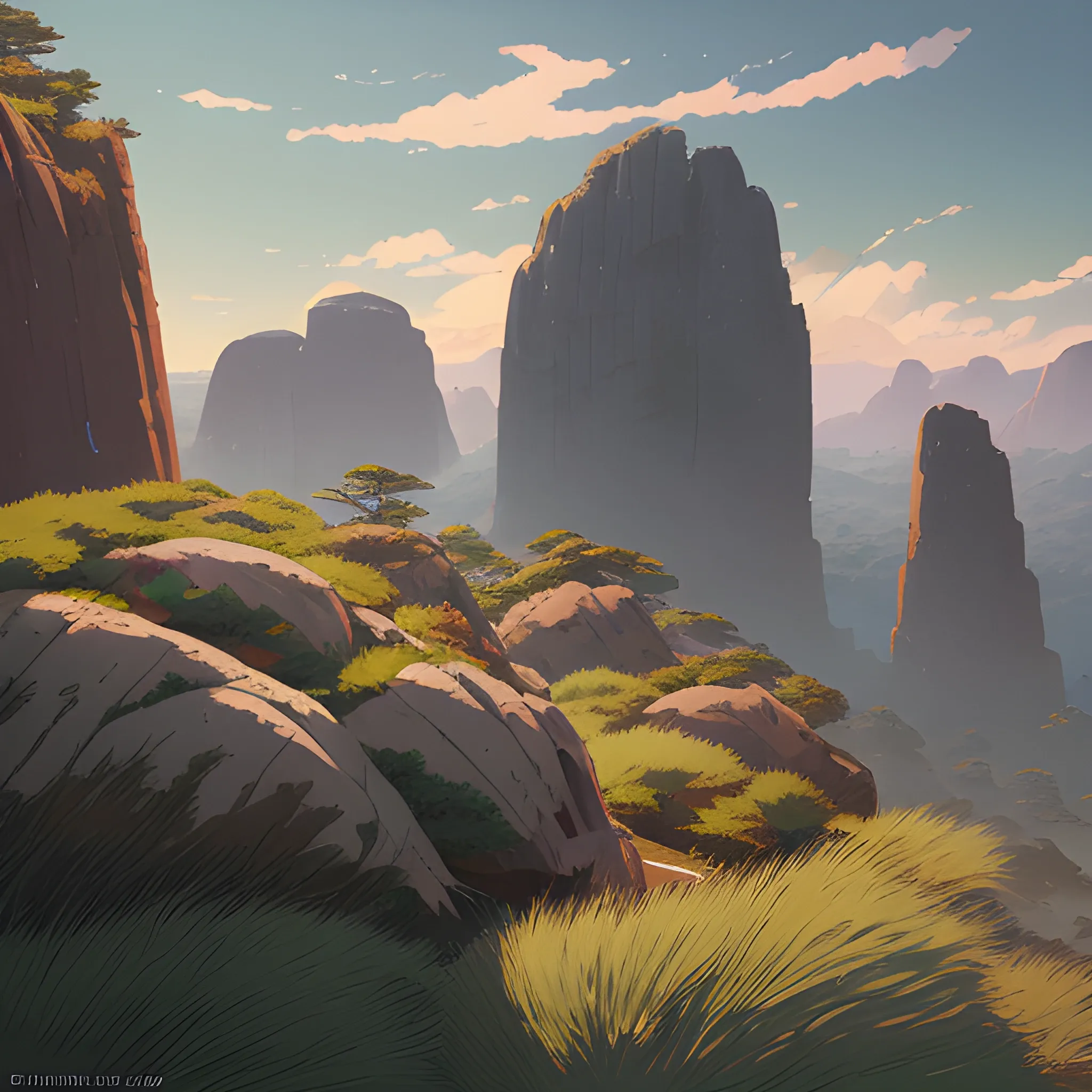 a top view of a giants rocks, grasses... in the style of makoto shinkai and greg rutkowski and albert bierstadt and james gurney