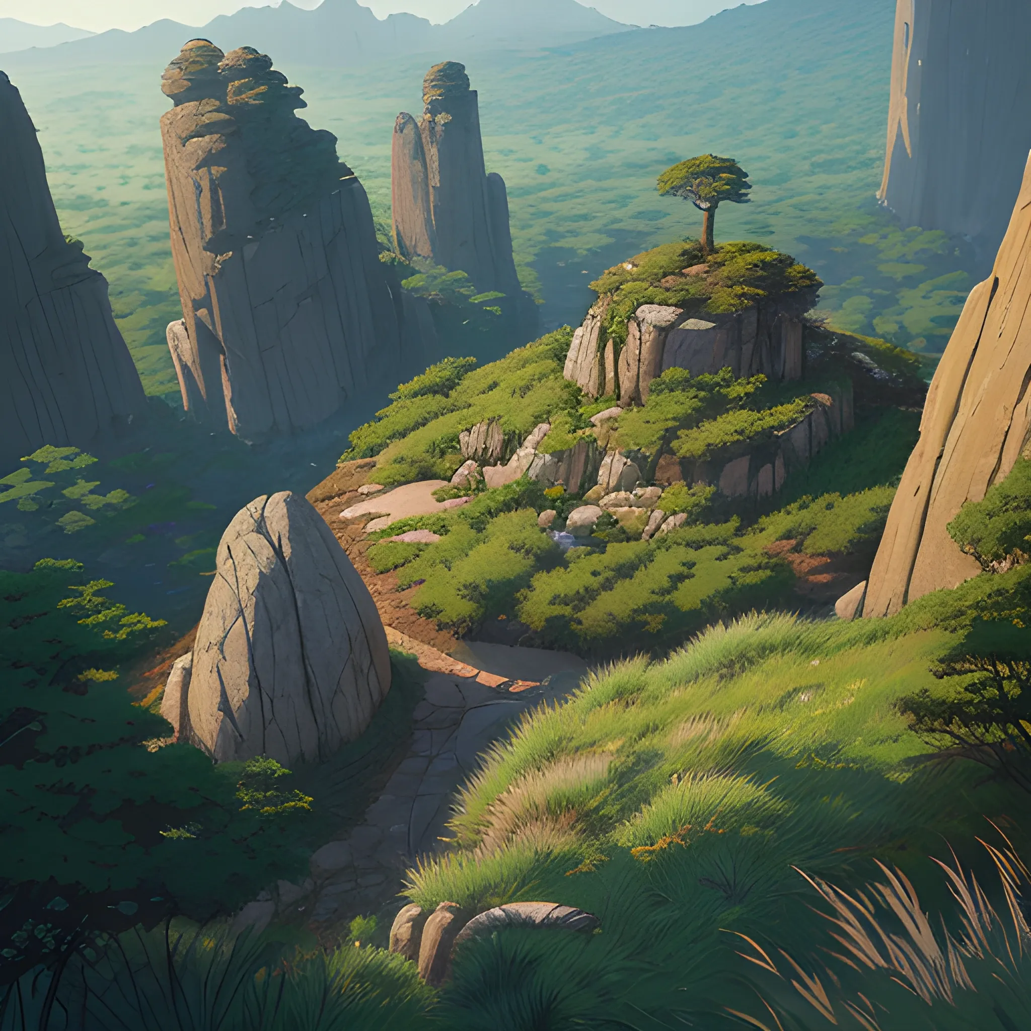 a top view of a giants rocks, grasses... in the style of makoto shinkai and greg rutkowski and albert bierstadt and james gurney