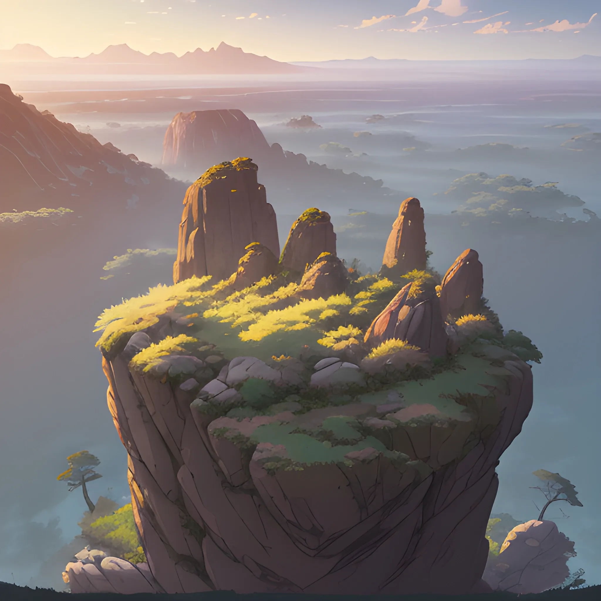 a top view of a giants rocks, grasses... in the style of makoto shinkai and greg rutkowski and albert bierstadt and james gurney