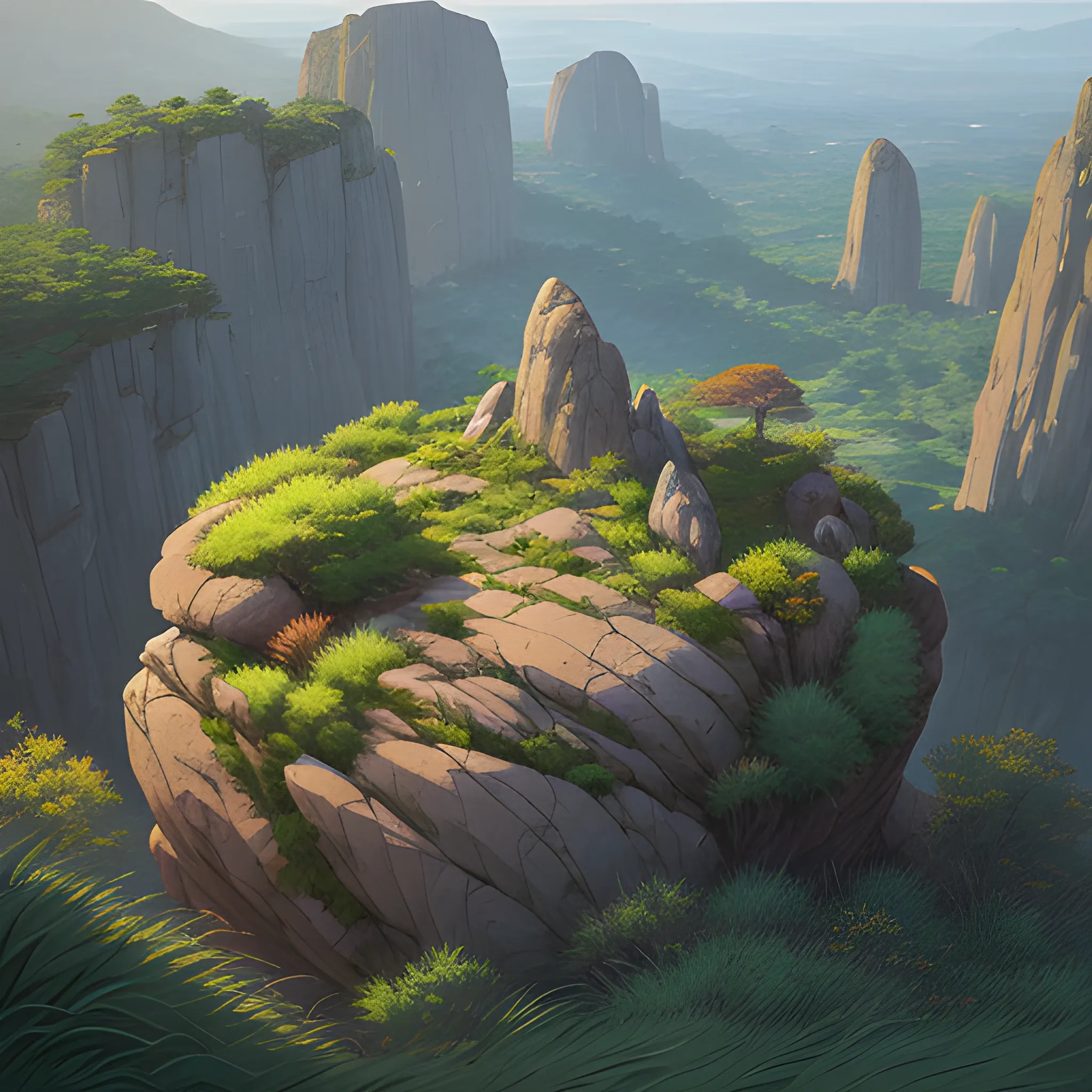 a top view of a giants rocks, grasses... in the style of makoto shinkai and greg rutkowski and albert bierstadt and james gurney