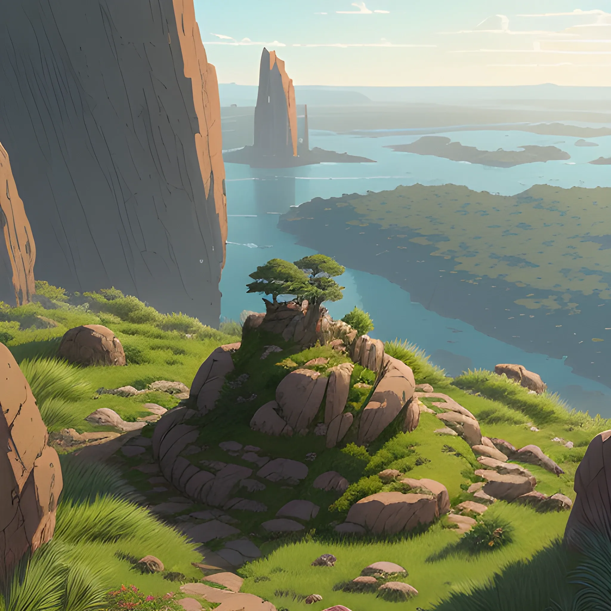 a top view of a giants rocks, grasses... in the style of makoto shinkai and greg rutkowski and albert bierstadt and james gurney