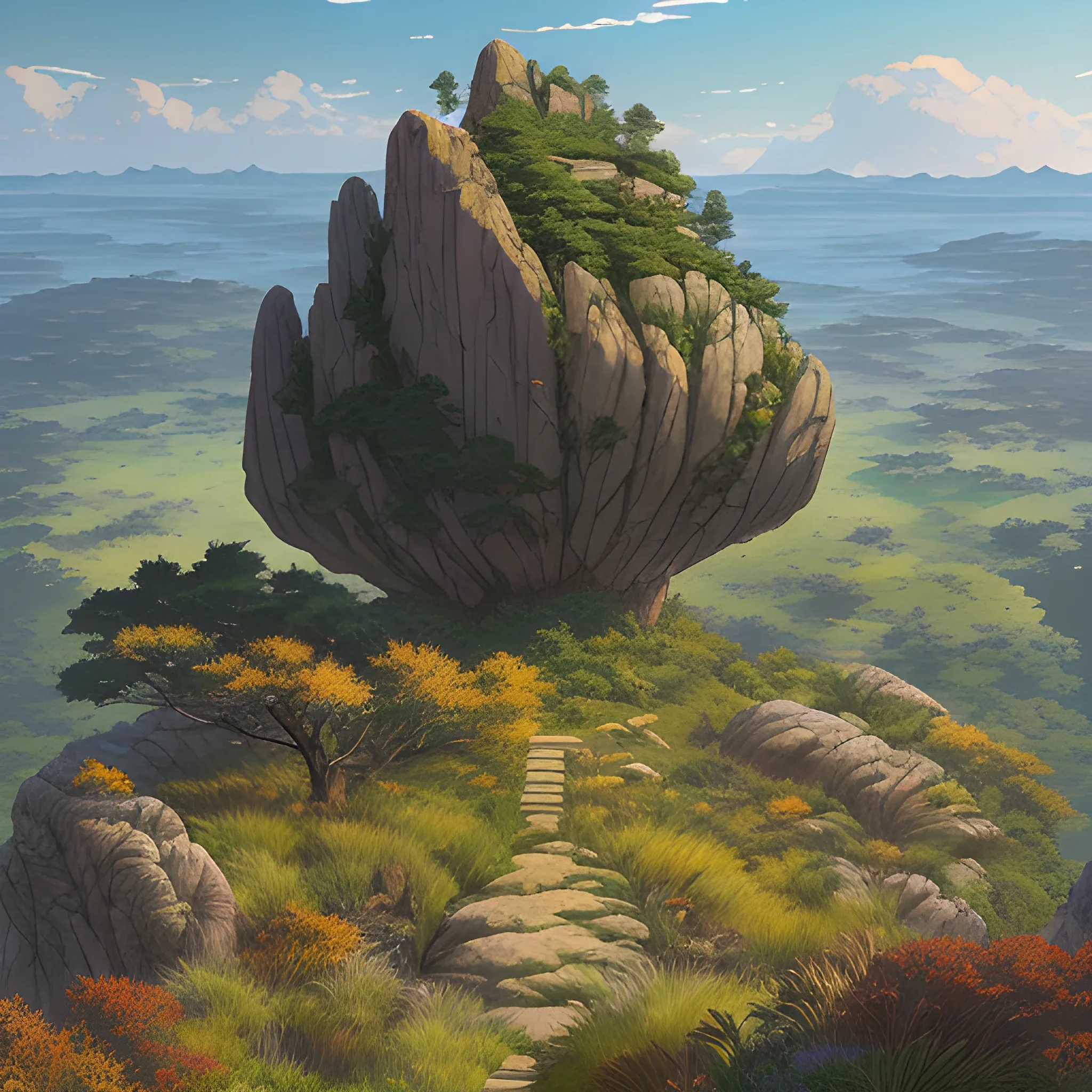 a top view of a giants rocks, grasses... in the style of makoto shinkai and greg rutkowski and albert bierstadt and james gurney