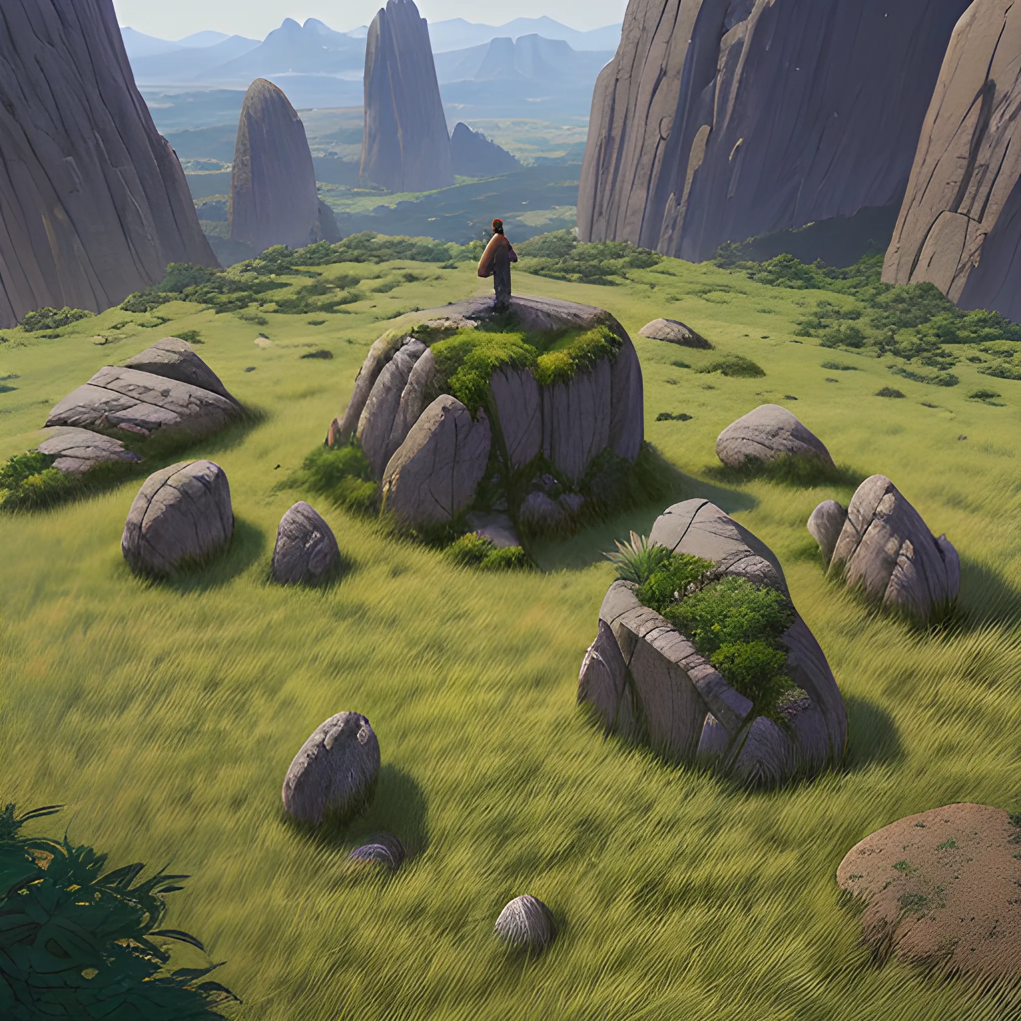 a top view of a giants rocks, grasses... in the style of makoto shinkai and greg rutkowski and albert bierstadt and james gurney