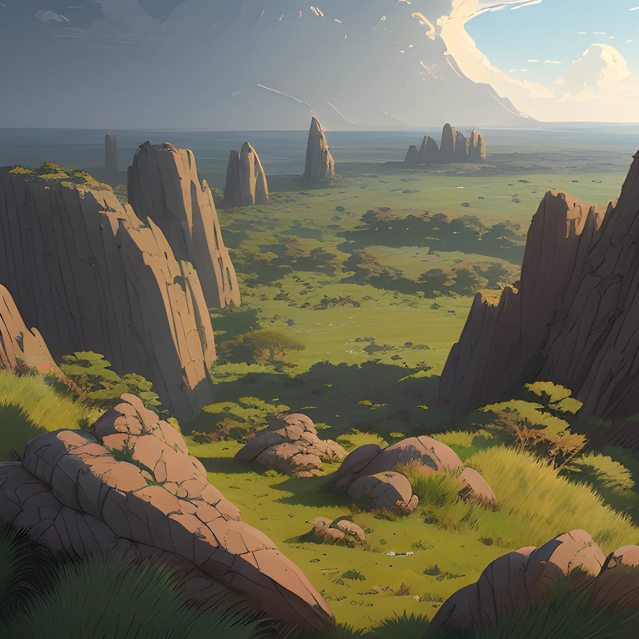 a top view of a giants rocks, grasses... in the style of makoto shinkai and greg rutkowski and albert bierstadt and james gurney