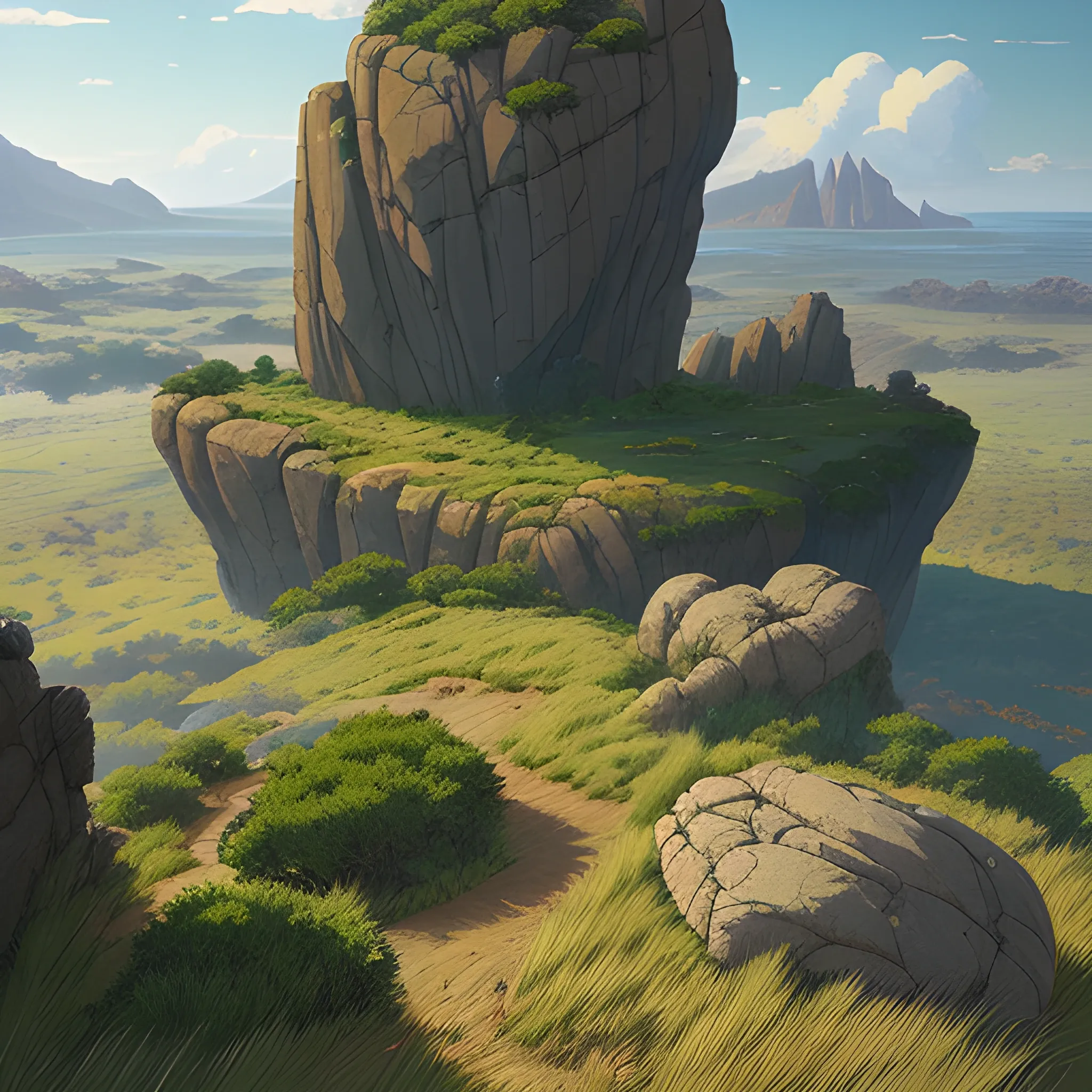 a top view of a giants rocks, grasses... in the style of makoto shinkai and greg rutkowski and albert bierstadt and james gurney