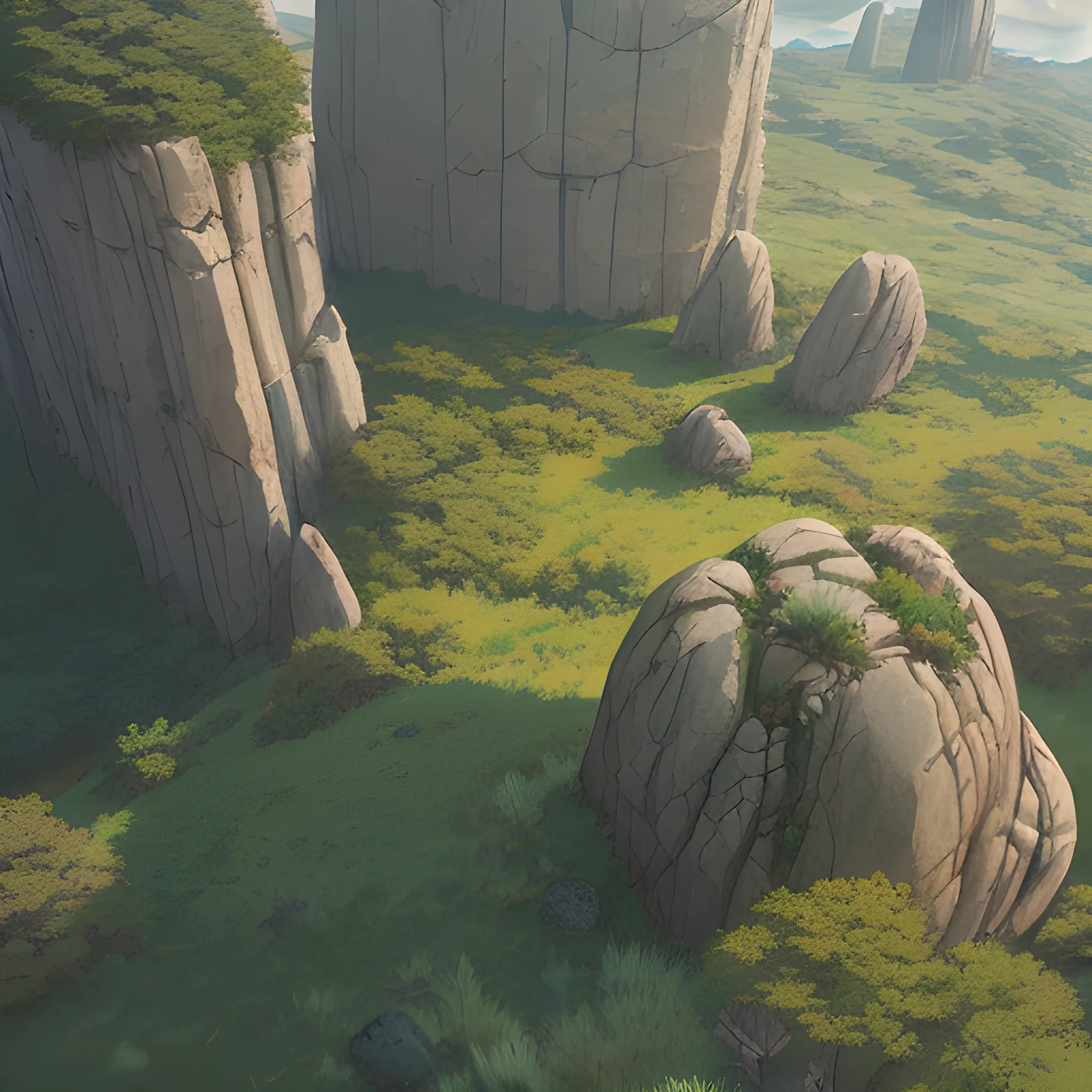 a top view of a giants rocks, grasses... in the style of makoto shinkai and greg rutkowski and albert bierstadt and james gurney