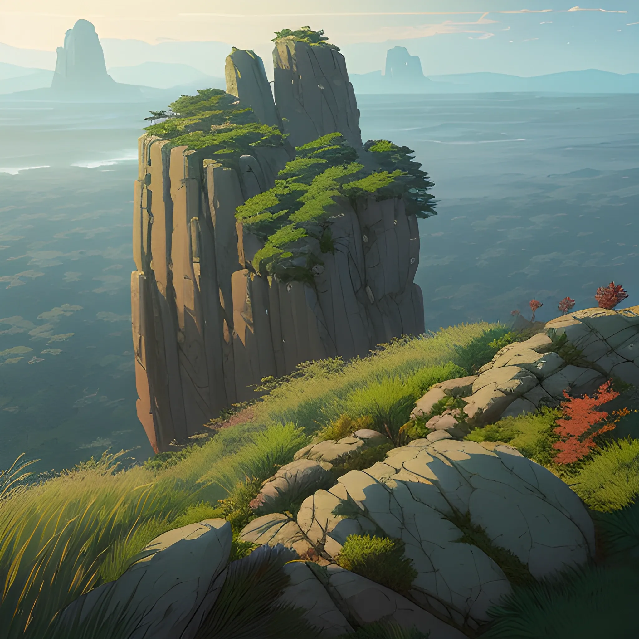 a top view of a giants rocks, grasses... in the style of makoto shinkai and greg rutkowski and albert bierstadt and james gurney