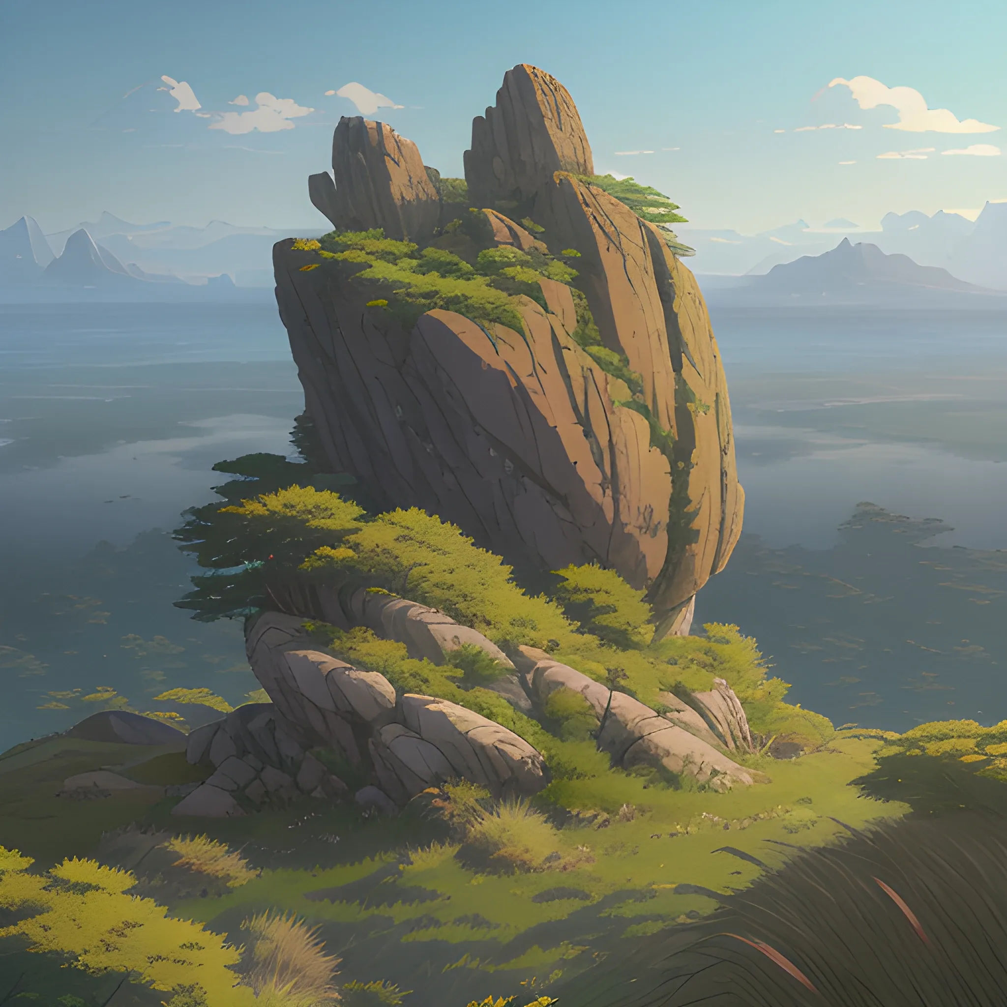 a top view of a giants rocks, grasses... in the style of makoto shinkai and greg rutkowski and albert bierstadt and james gurney