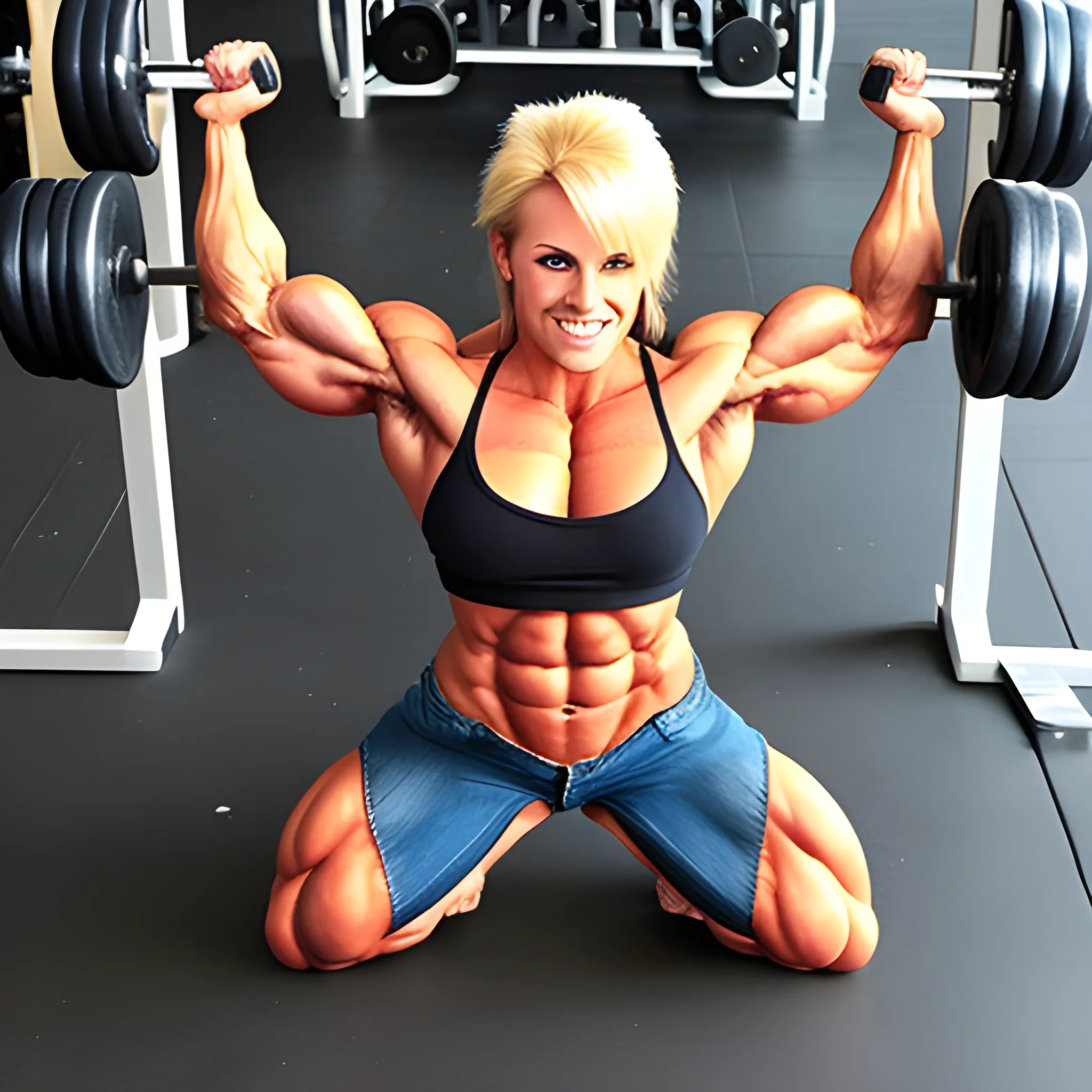 Biggest Female bodybuilder in skinny jeans touching toes