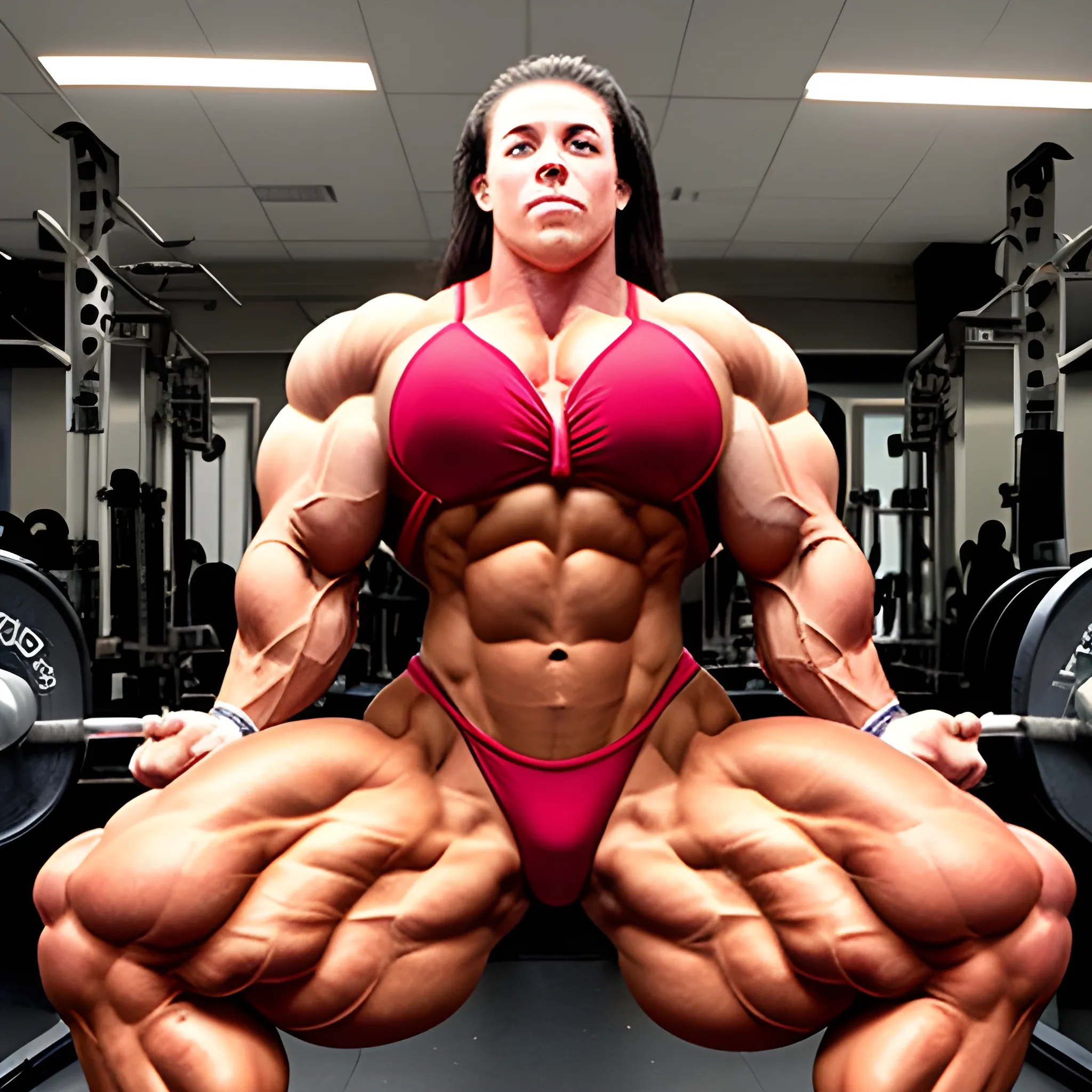 25 year-old, hyper-muscular woman, massive female bodybuilder, supersize traps 