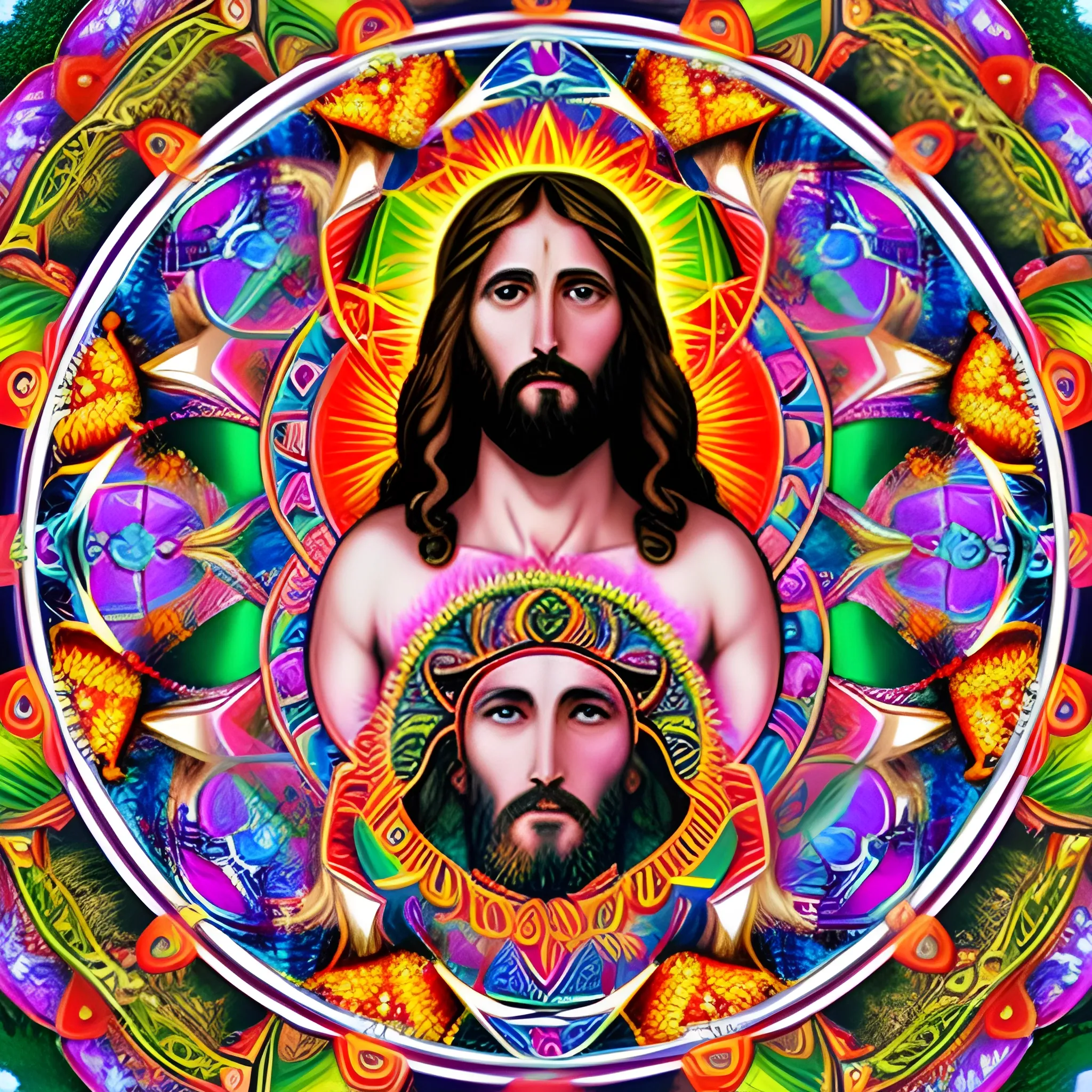 Jesus with PSYCHEDELIC, MANDALA, and SACRED GEOMETRY in the background

