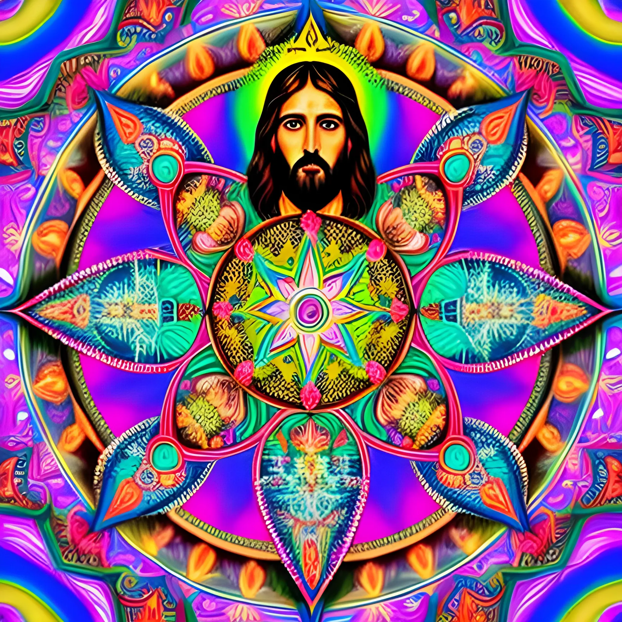 Jesus with PSYCHEDELIC, MANDALA, and SACRED GEOMETRY in the background

