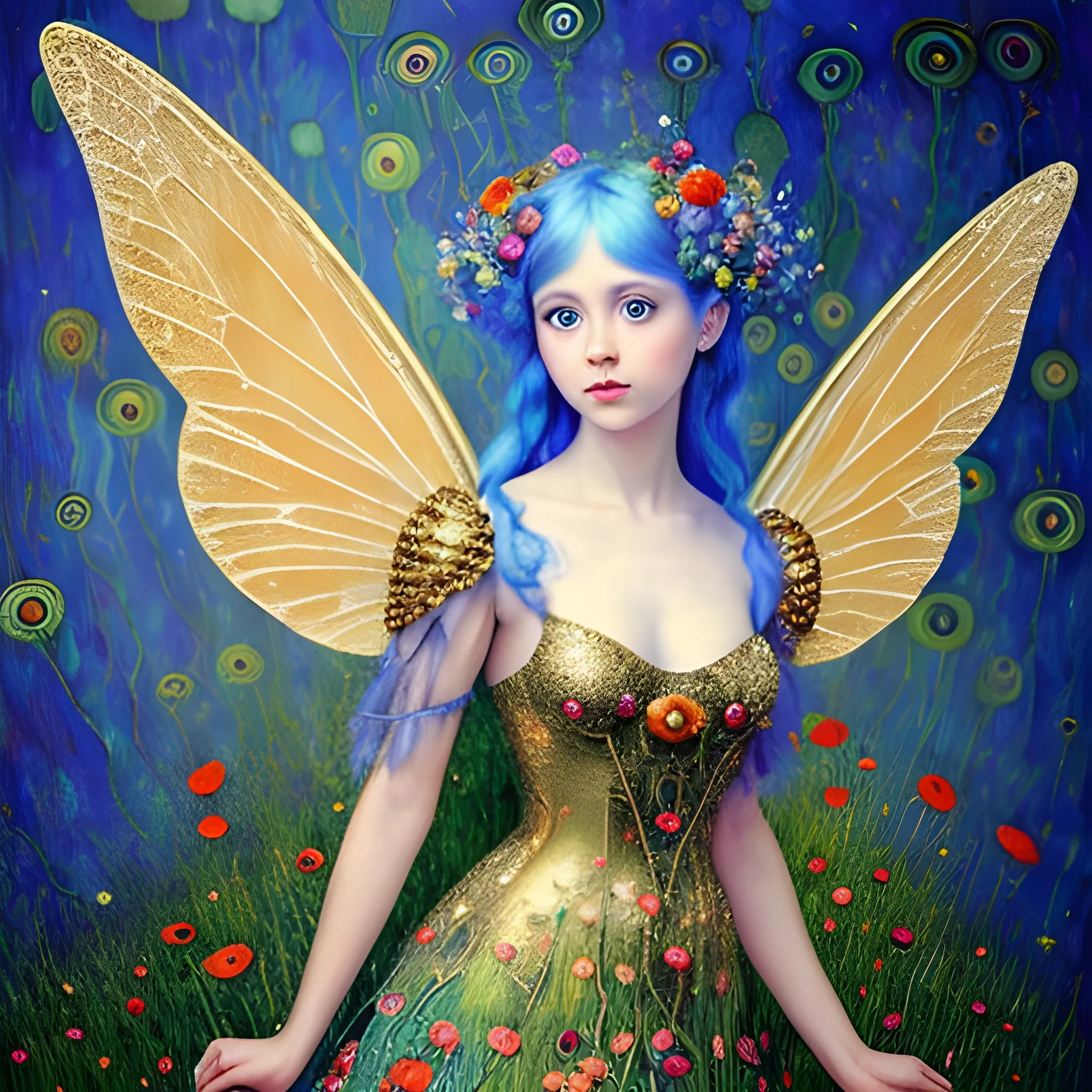 A portrait poppy fairy with beautiful wings,…(details of fairy,details of dress style,color of hair and eyes ,hair style decoration,doing action) …
,oil and alcohol ink with gold vines, …(feeling mood)…,
in Gustav Klimt style, 
full Azure hues background,…(lighting effect),…, 32K trending on artstation,3D,masterpiece,HDR., Oil Painting