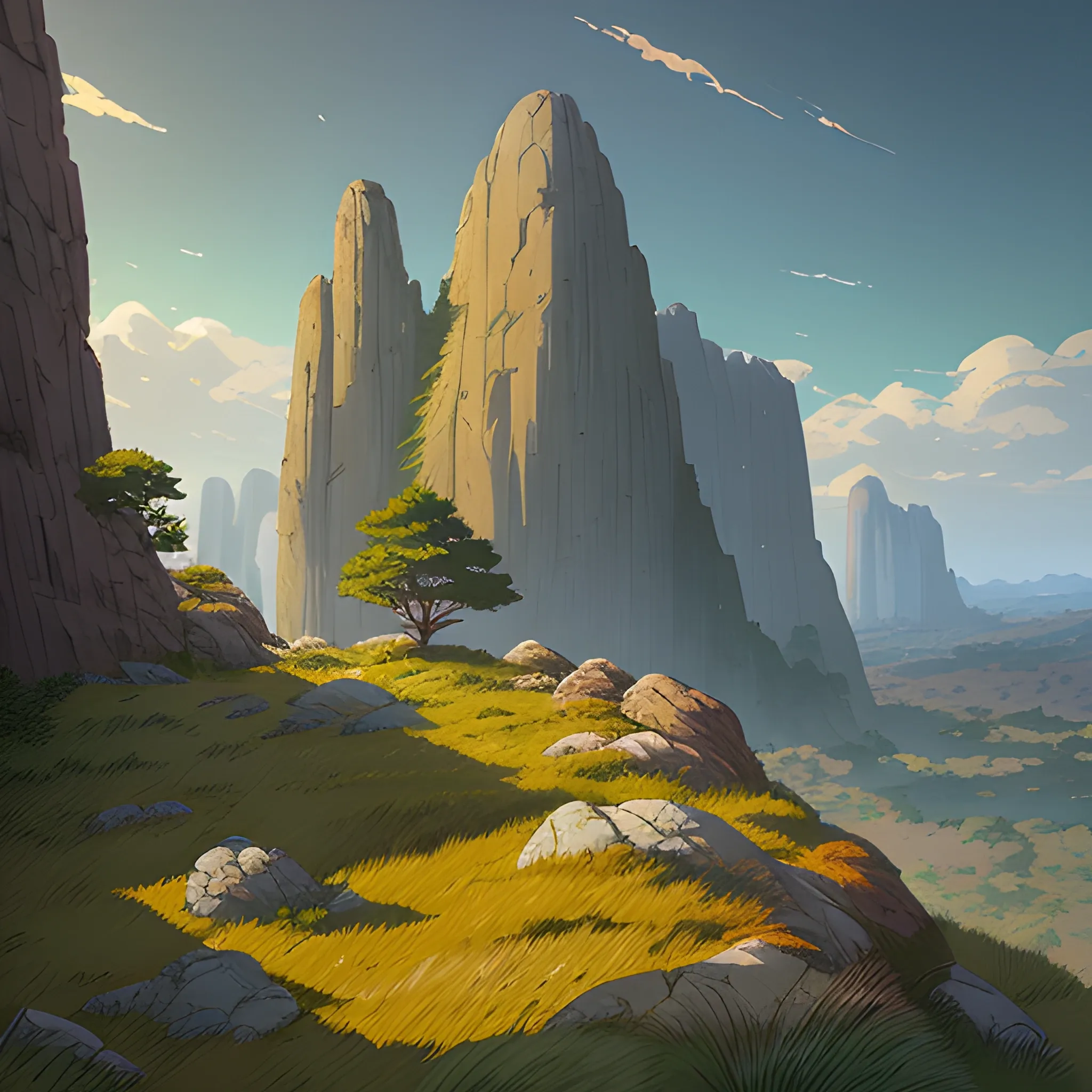 a top view of a giants rocks, grasses... in the style of makoto shinkai and greg rutkowski and albert bierstadt and james gurney