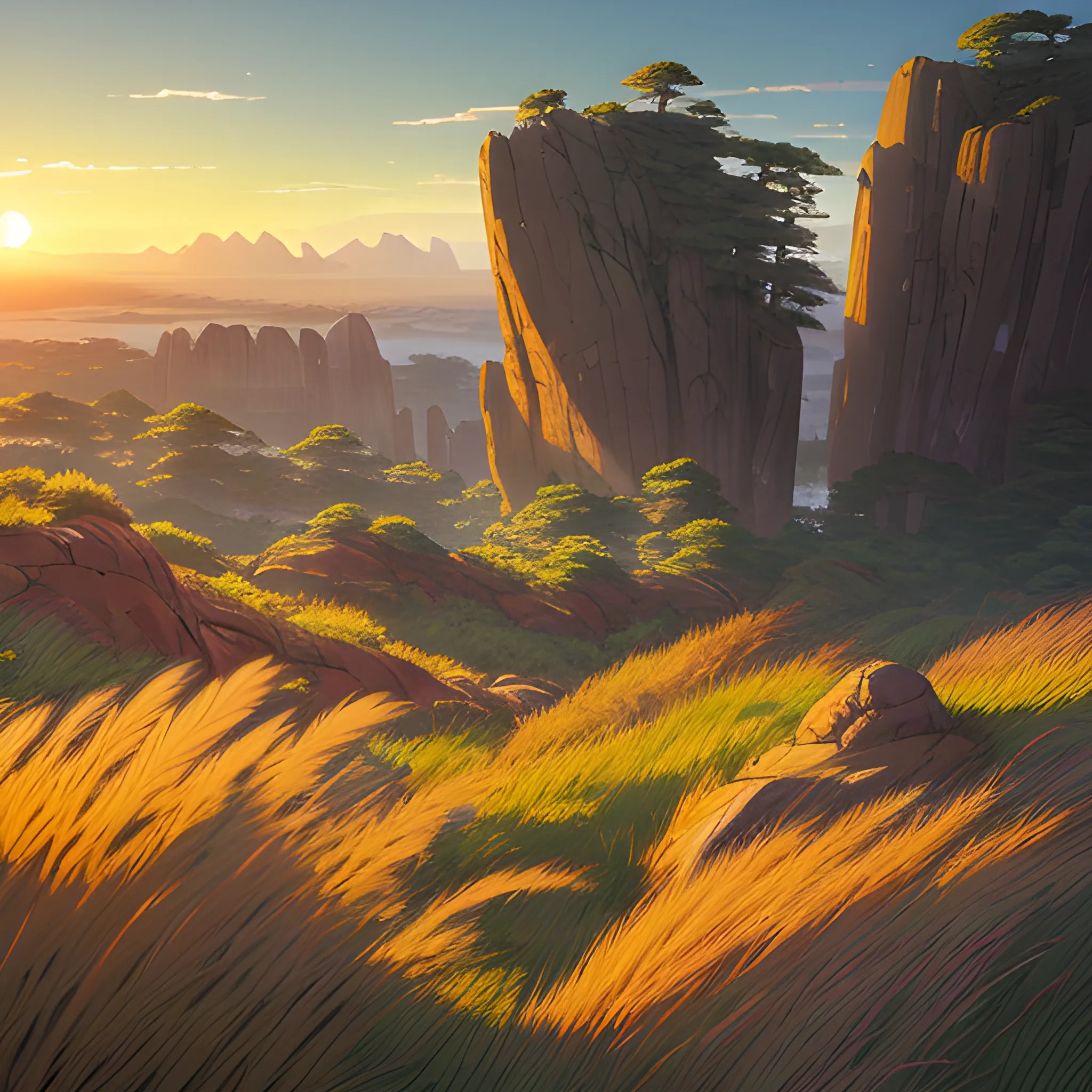 sun rise, a top view of a giants rocks, grasses... in the style of makoto shinkai and greg rutkowski and albert bierstadt and james gurney