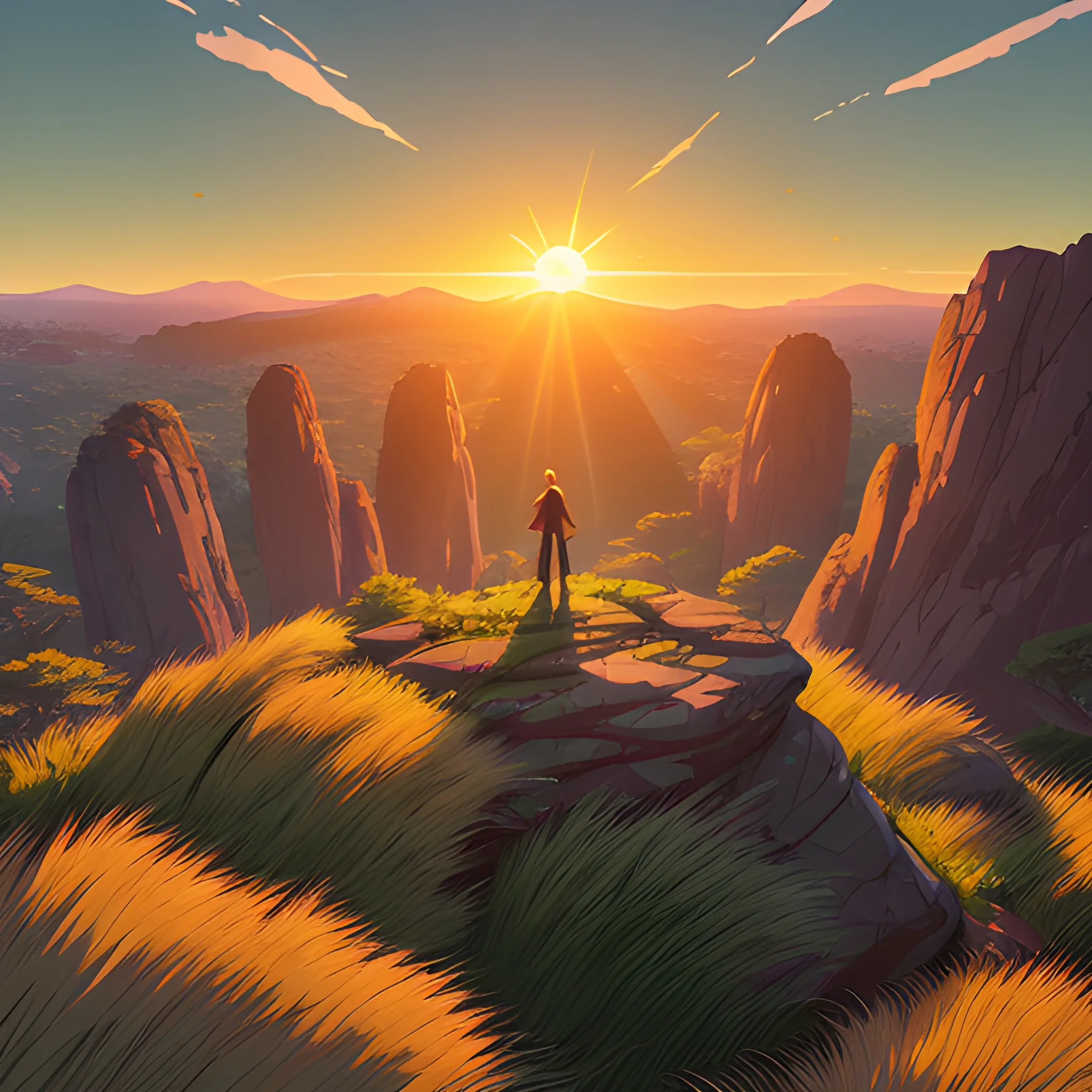 sun rise, a top view of a giants rocks, grasses... in the style of makoto shinkai and greg rutkowski and albert bierstadt and james gurney