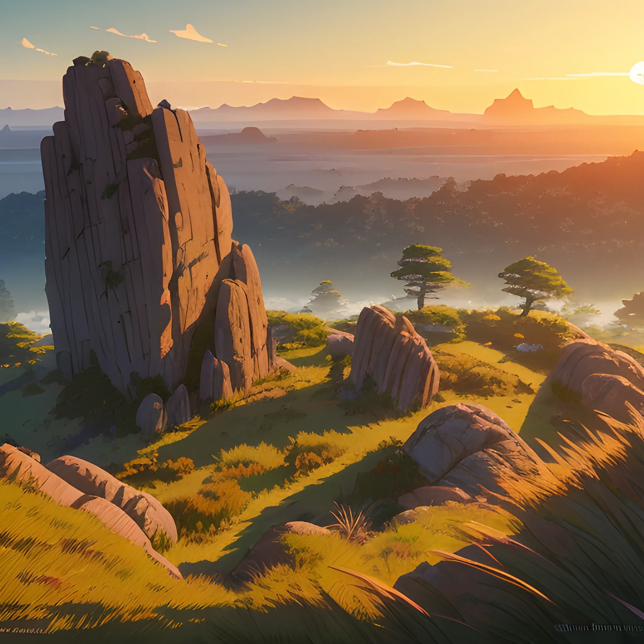 sun rise, a top view of a giants rocks, grasses... in the style of makoto shinkai and greg rutkowski and albert bierstadt and james gurney