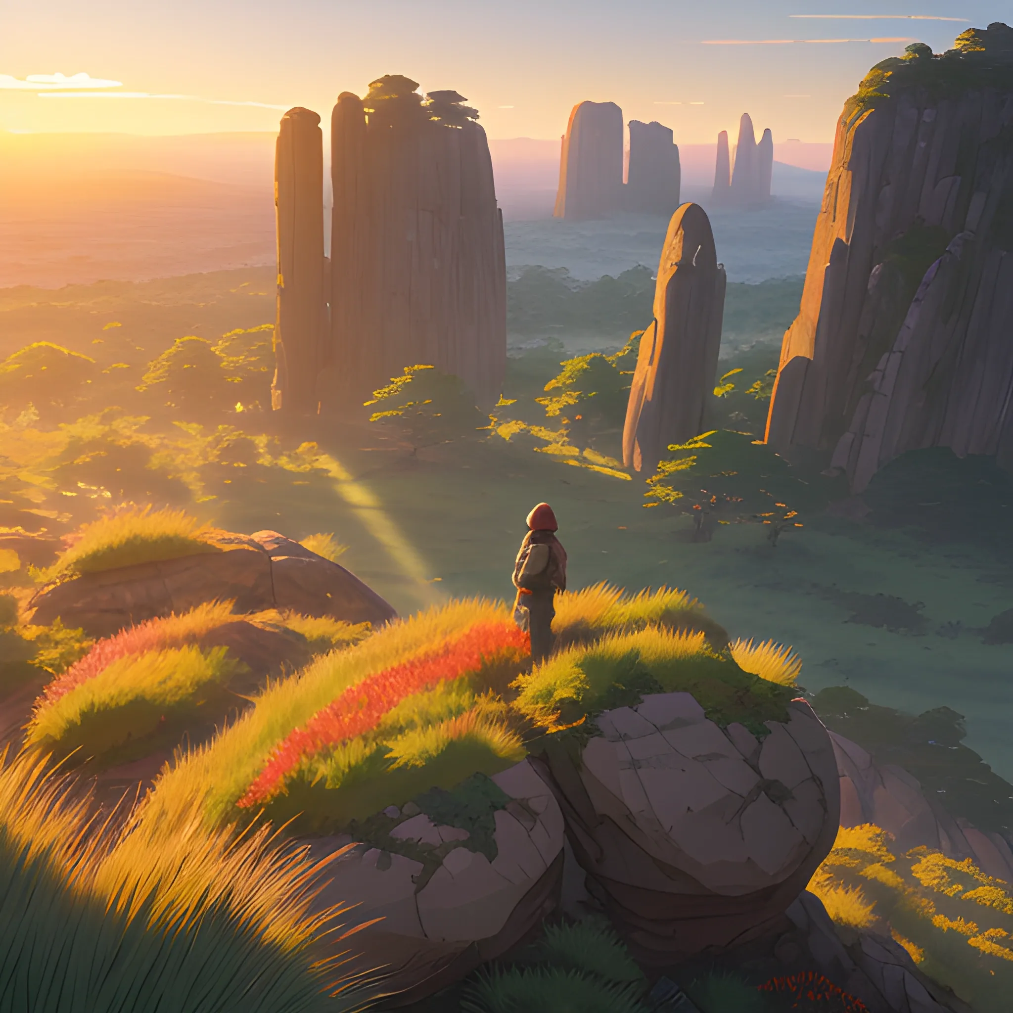 sun rise, a top view of a giants rocks, grasses... in the style of makoto shinkai and greg rutkowski and albert bierstadt and james gurney