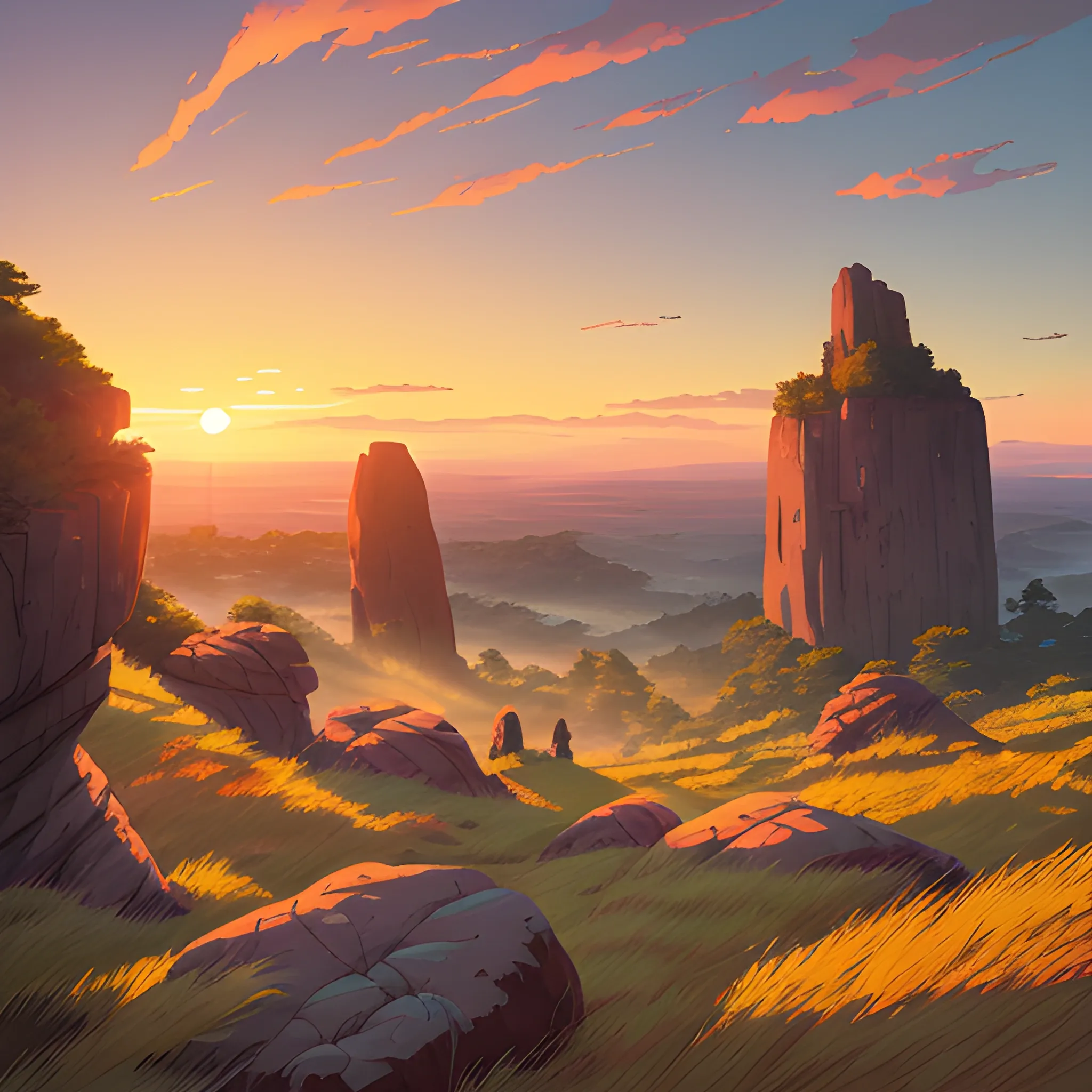 sun rise, a top view of a giants rocks, grasses... in the style of makoto shinkai and greg rutkowski and albert bierstadt and james gurney