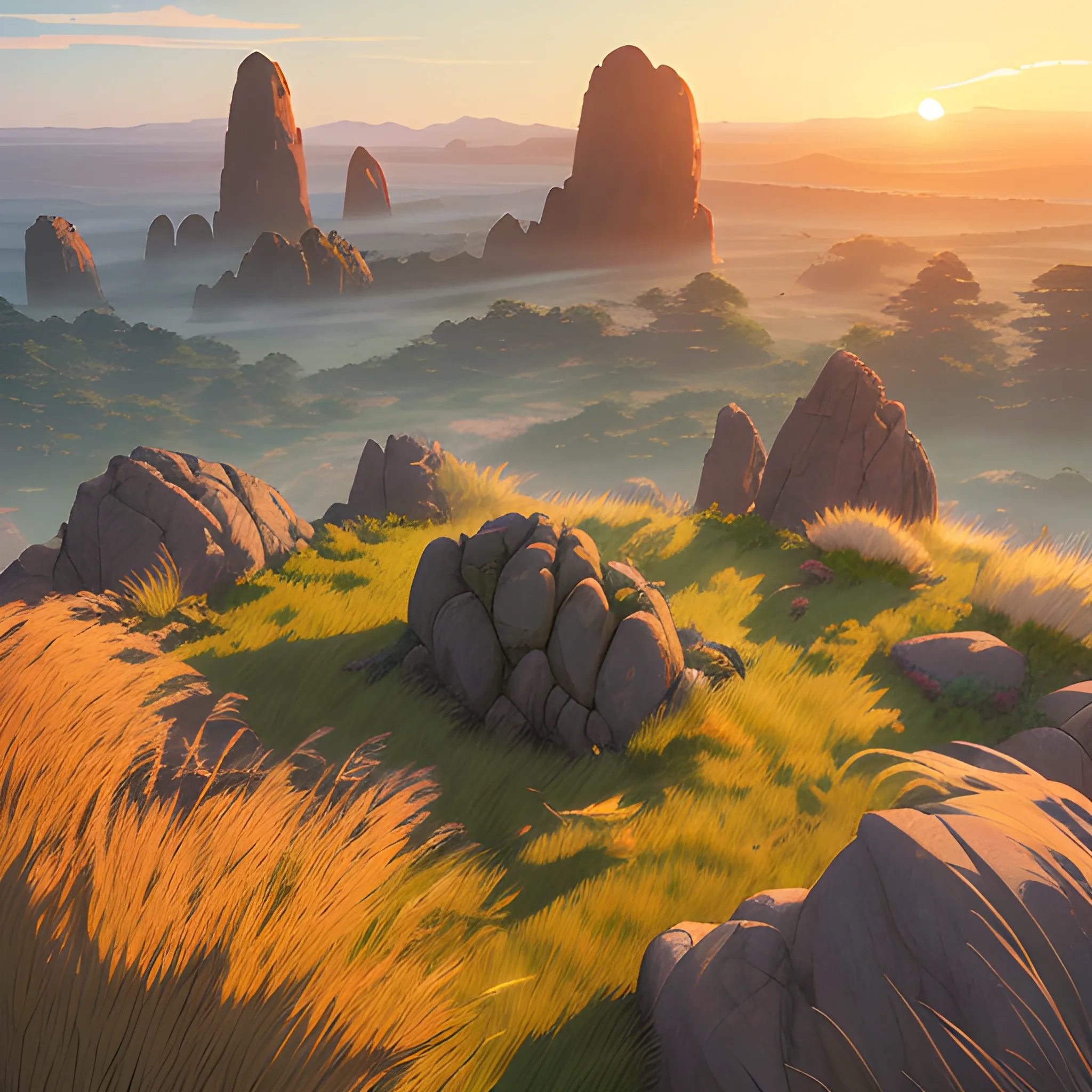 sun rise, a top view of a giants rocks, grasses... in the style of makoto shinkai and greg rutkowski and albert bierstadt and james gurney