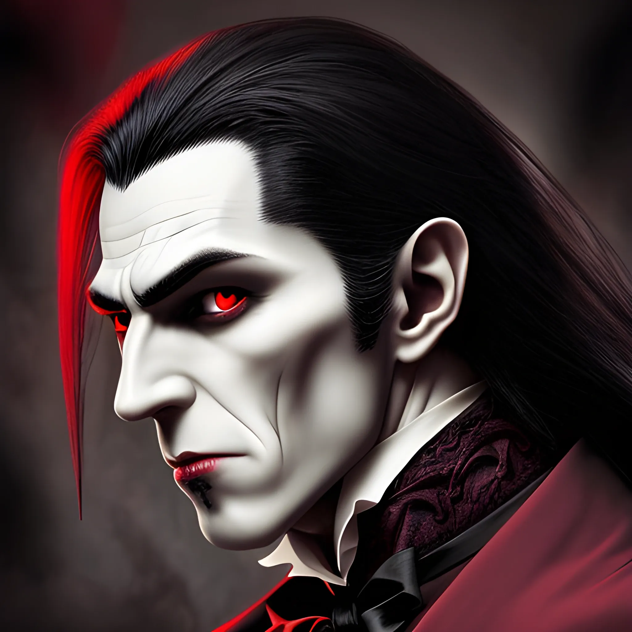 vampire Dracula head looking straight at camera soft expression


