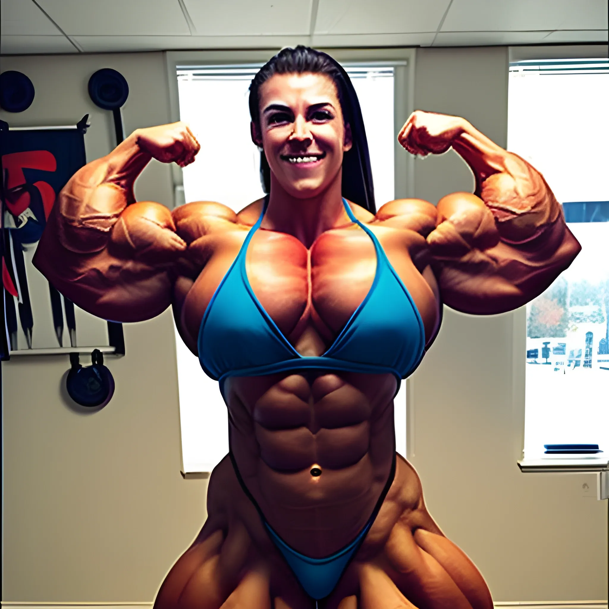 25 year-old, hyper-muscular woman, massive female bodybuilder, supersize traps 